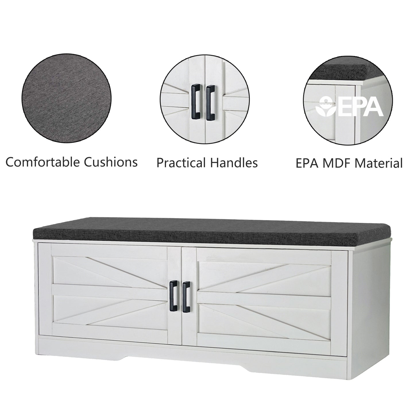 2-Tier Storage Bench, Farmhouse Shoe Bench With Padded Seat Cushion,