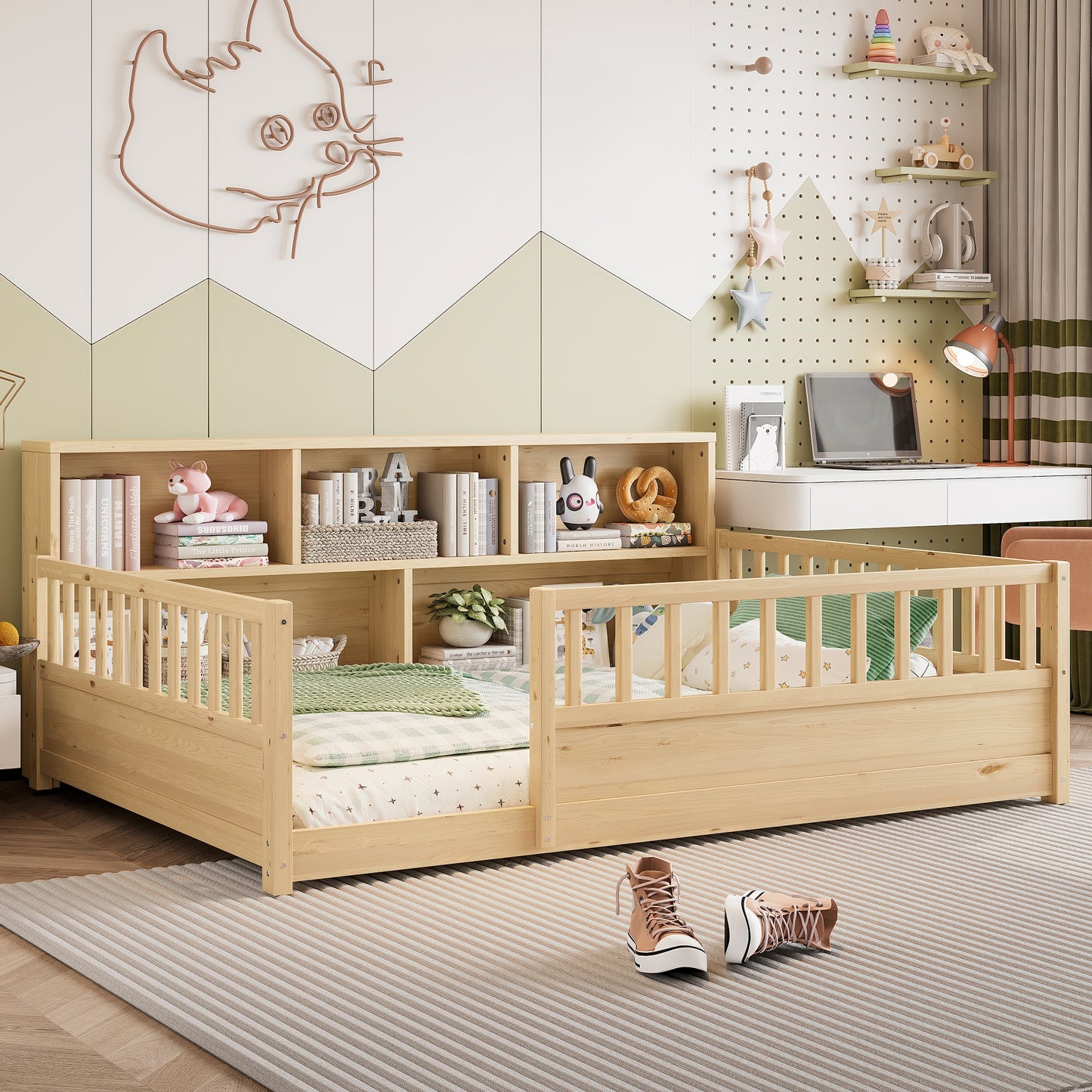 Full-Sized Wooden Floor Bed with Fence-Style Guardrail - Natural