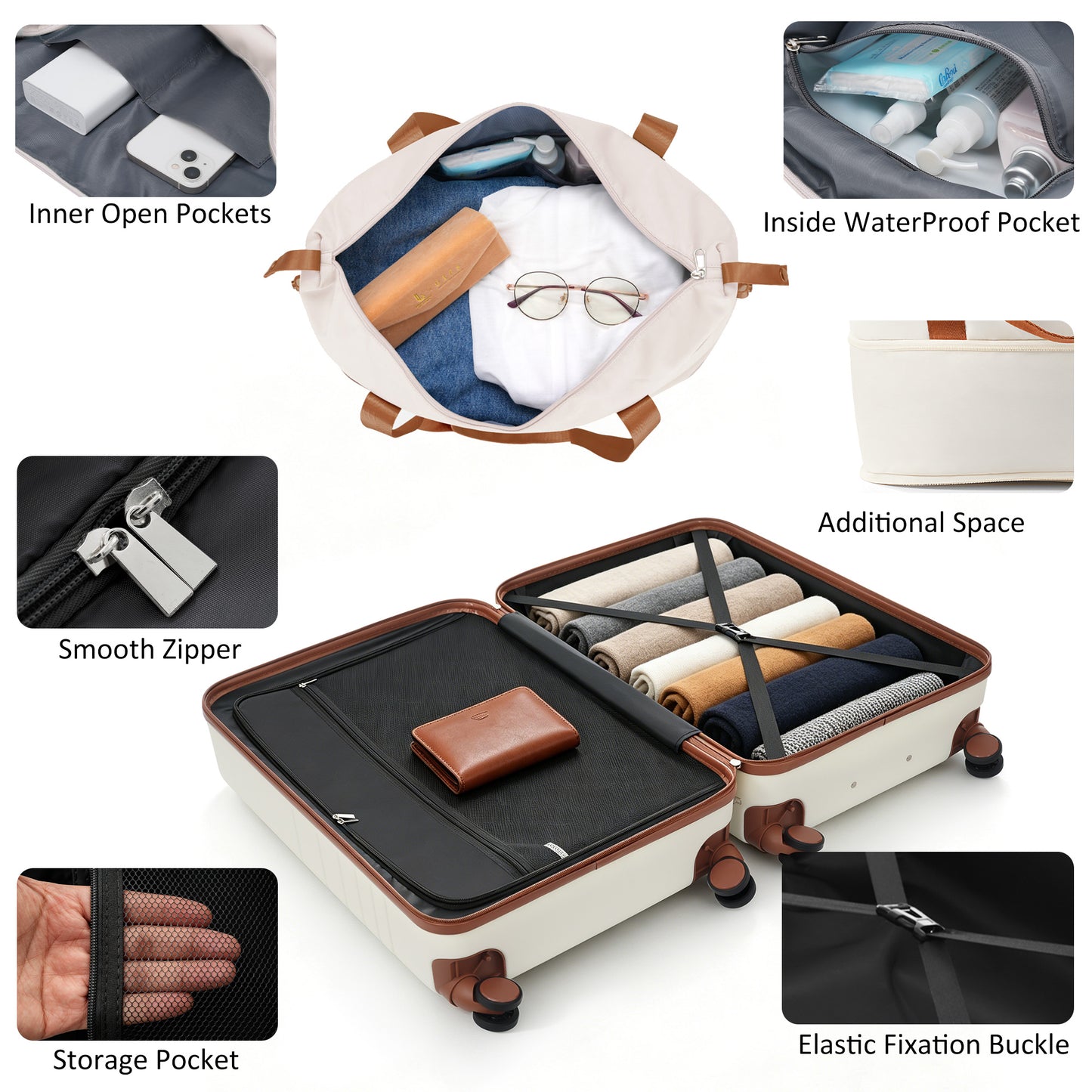 4-Piece Luggage Set with USB Charging Ports - Ivory