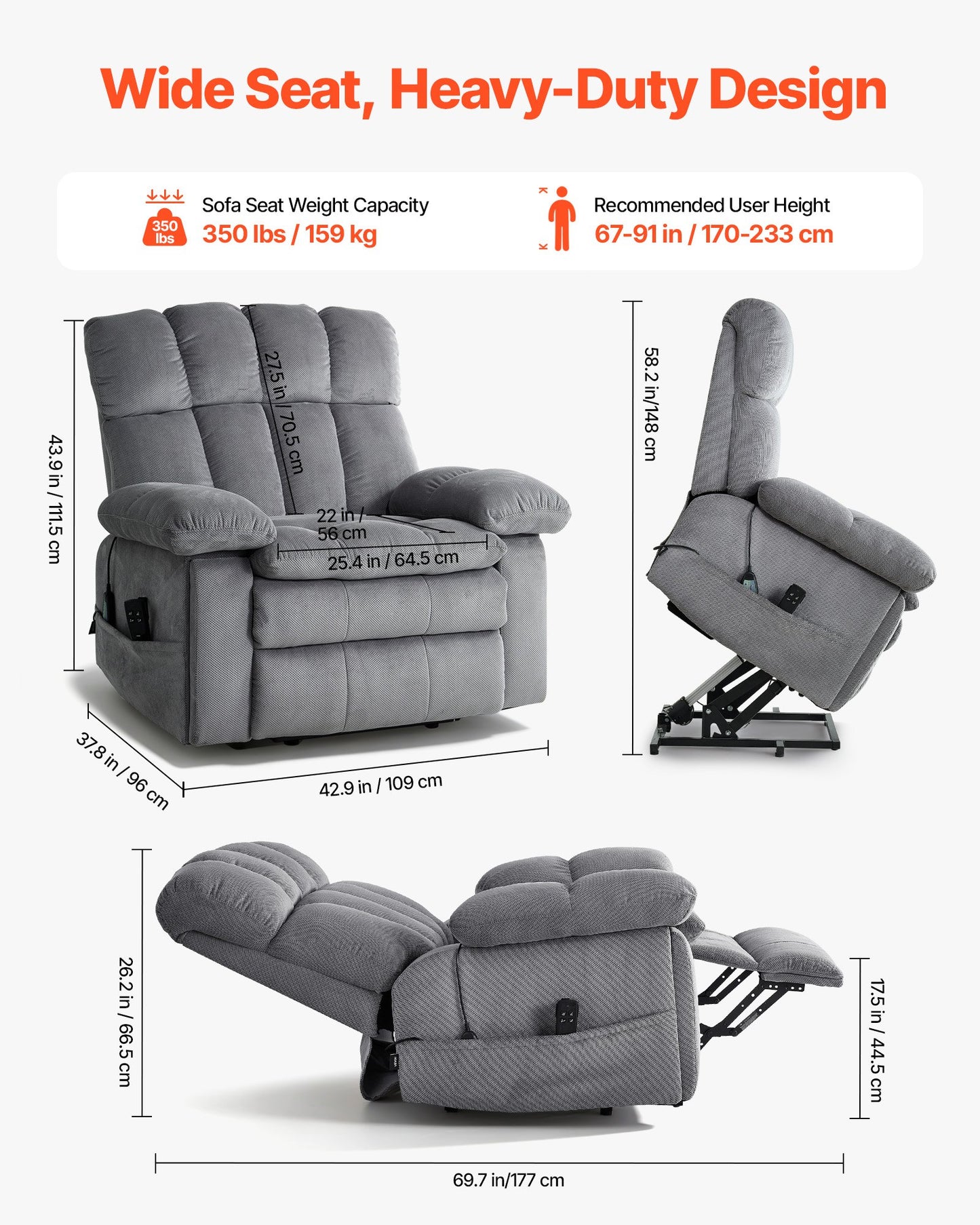 Electric Power Lift Recliner Chair with Heat Massage & Cup Holders - Oversized Gray