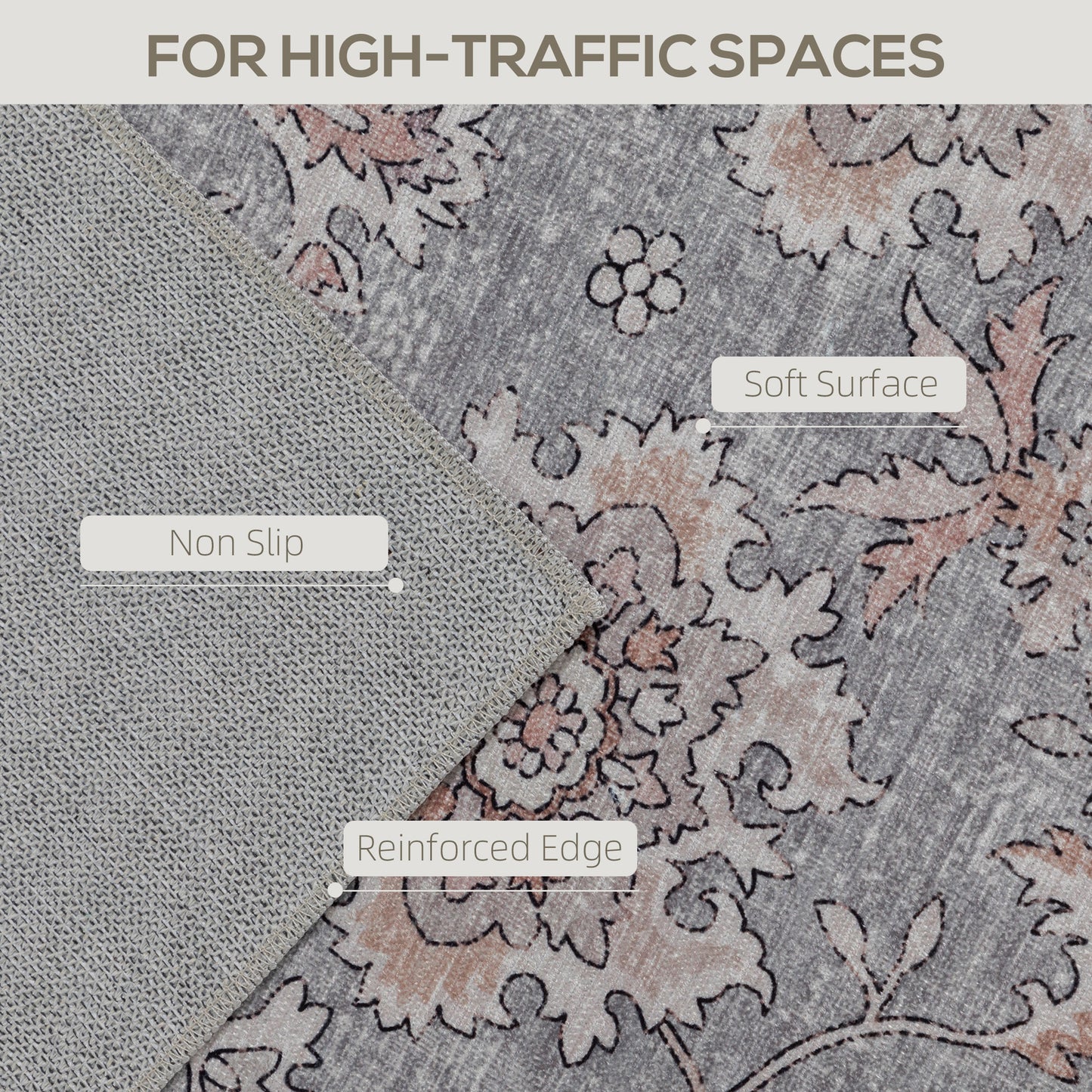 Machine Washable Area Rug 4x6 - Floral Grey & Brown Carpet