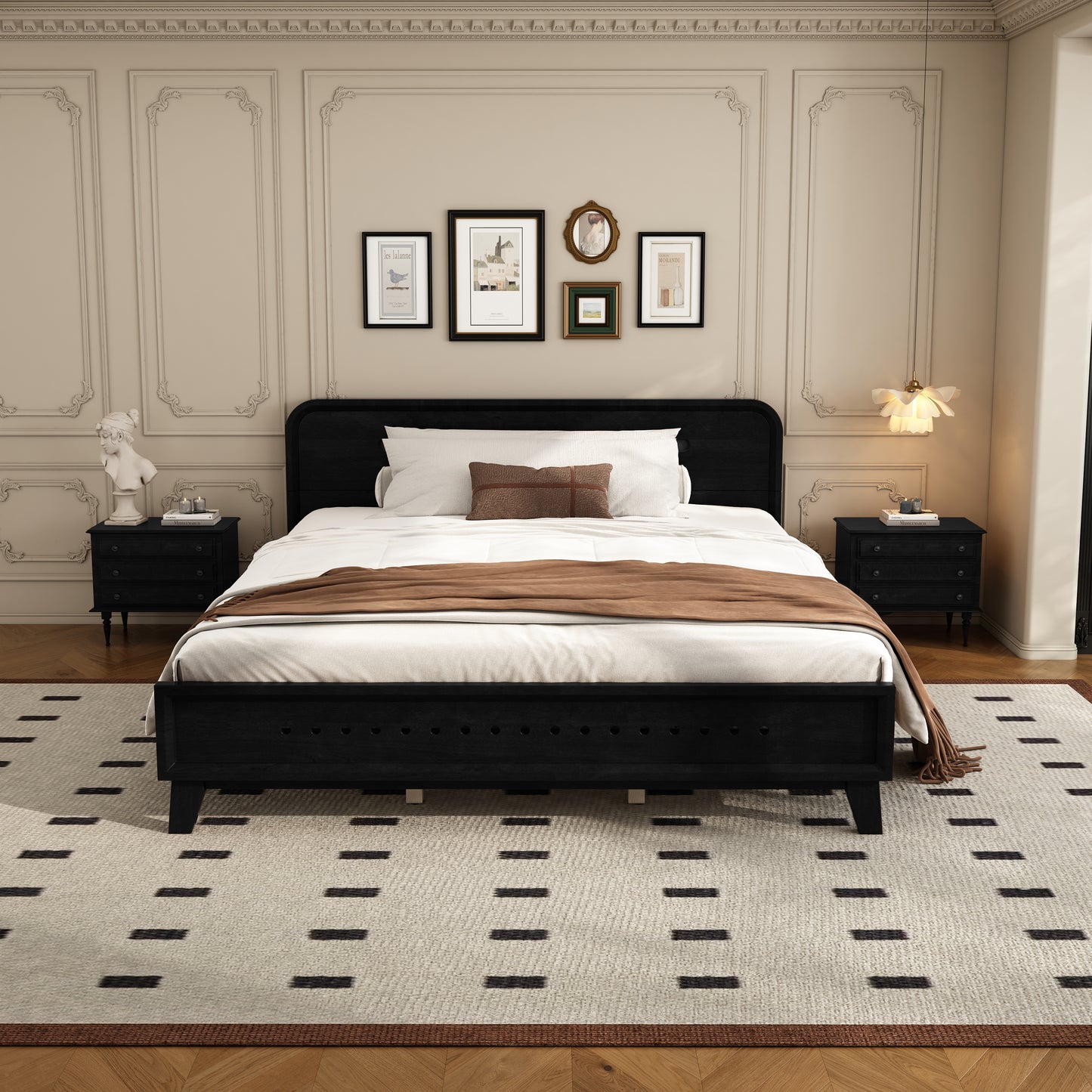 Queen Size Solid Wood Bed - Sturdy Pine Frame, No Box Spring Needed, Black
