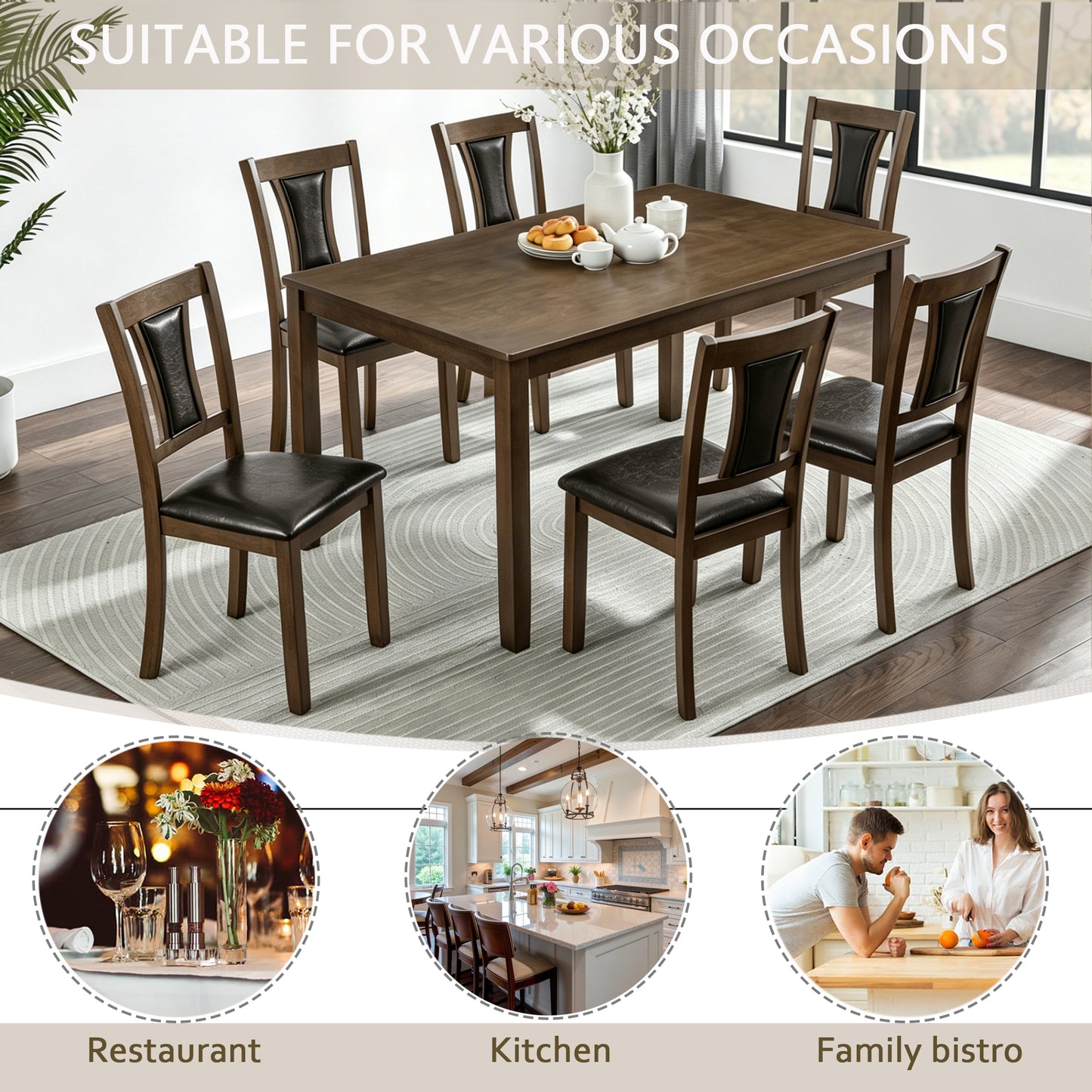 Modern 7-Piece Dining Table Set with 6 Upholstered Chairs - Walnut