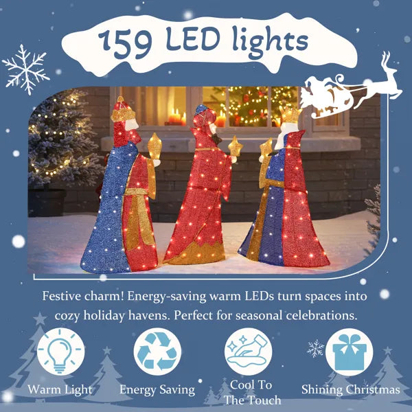 Lighted Three Kings Christmas Decorations Set - 80 LED Lights