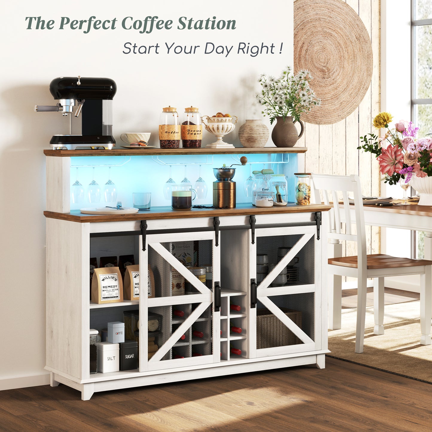 55" Farmhouse Coffee Bar Cabinet with LED Lights - Distressed White