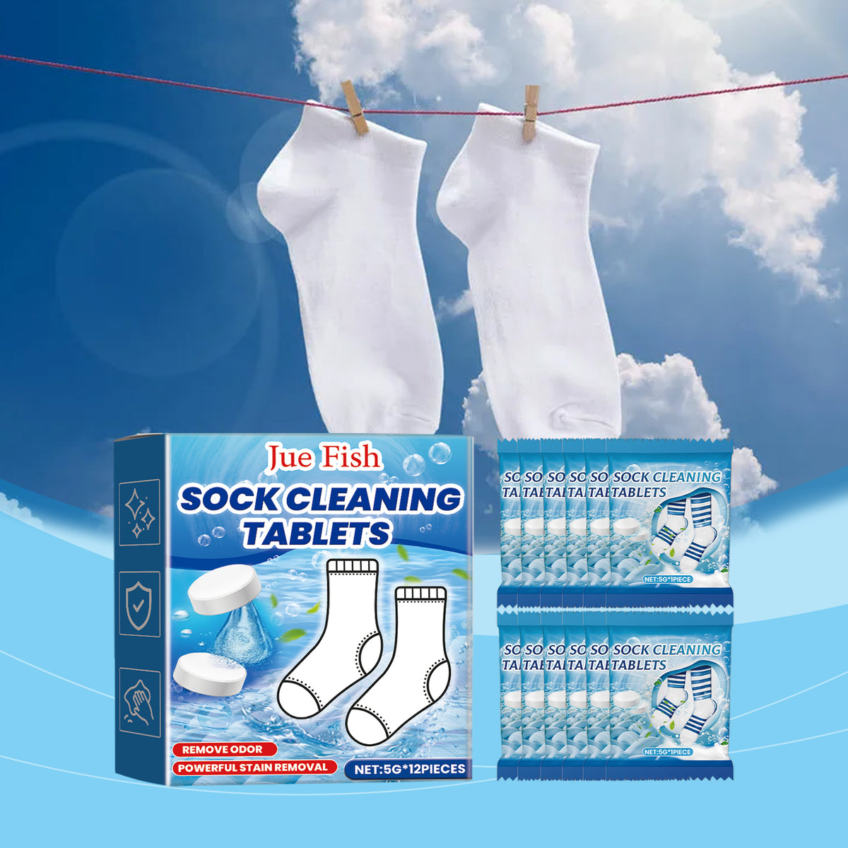 Effervescent Sock Cleaning Tablets 60 Pack - Laundry & Household Use