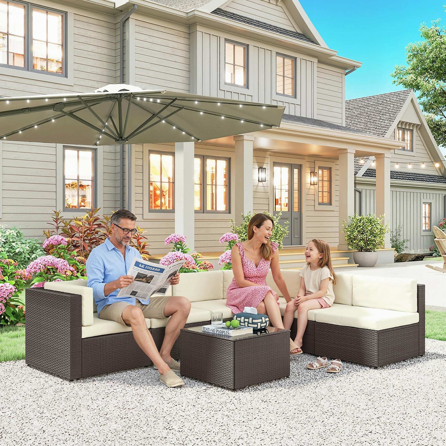 7-Piece Outdoor Rattan Sectional Sofa Set with Coffee Table - Cream White