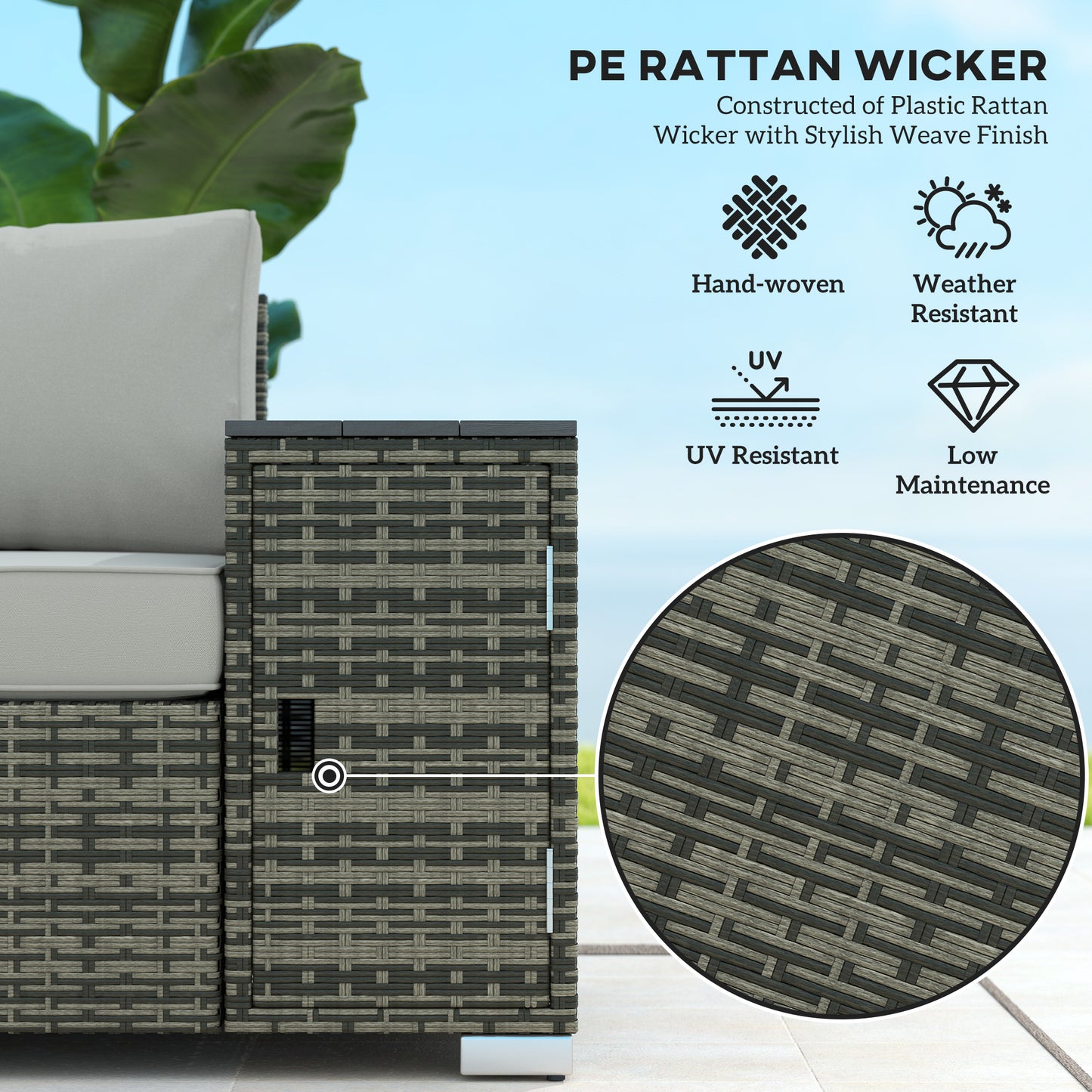 Gray Wicker Outdoor Couch with Storage - 3 Seater Sofa