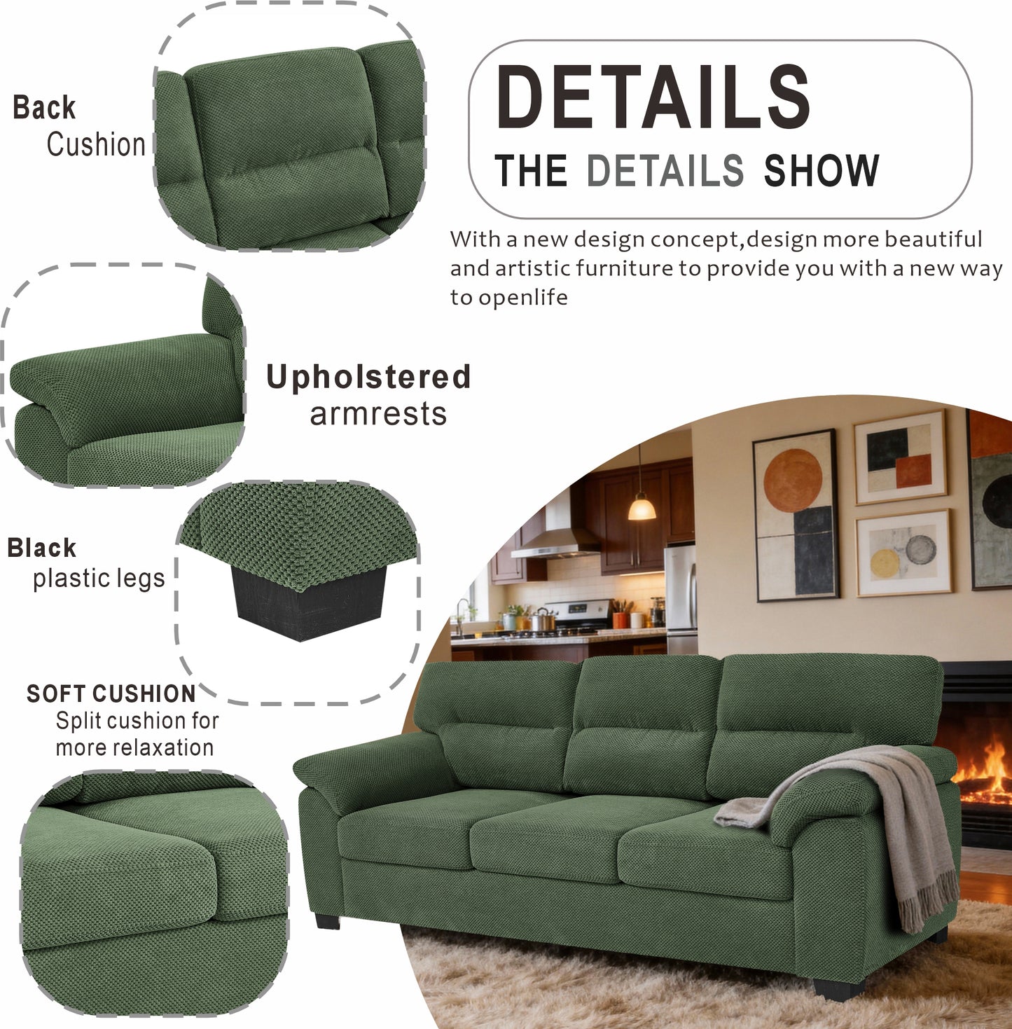 3-Seater Green Upholstered Sofa - Modern Minimalist Design