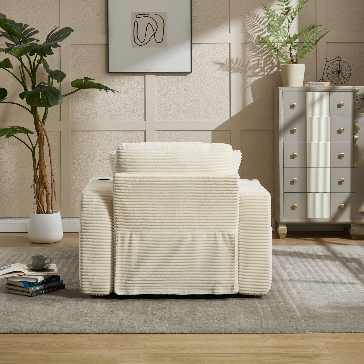 Beige Corduroy Chaise Lounge Sofa with Detachable Cushions