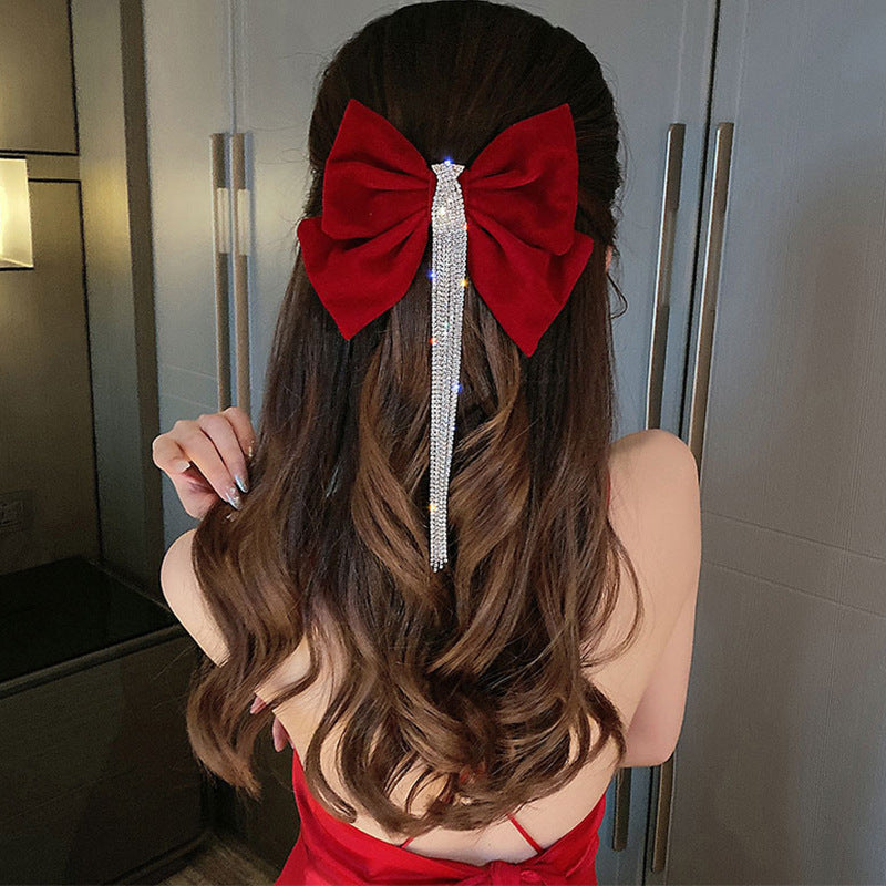 Red Bow Encrusted Tassel Hairpin Back Head Spring Clip - Elegant Hair Accessory
