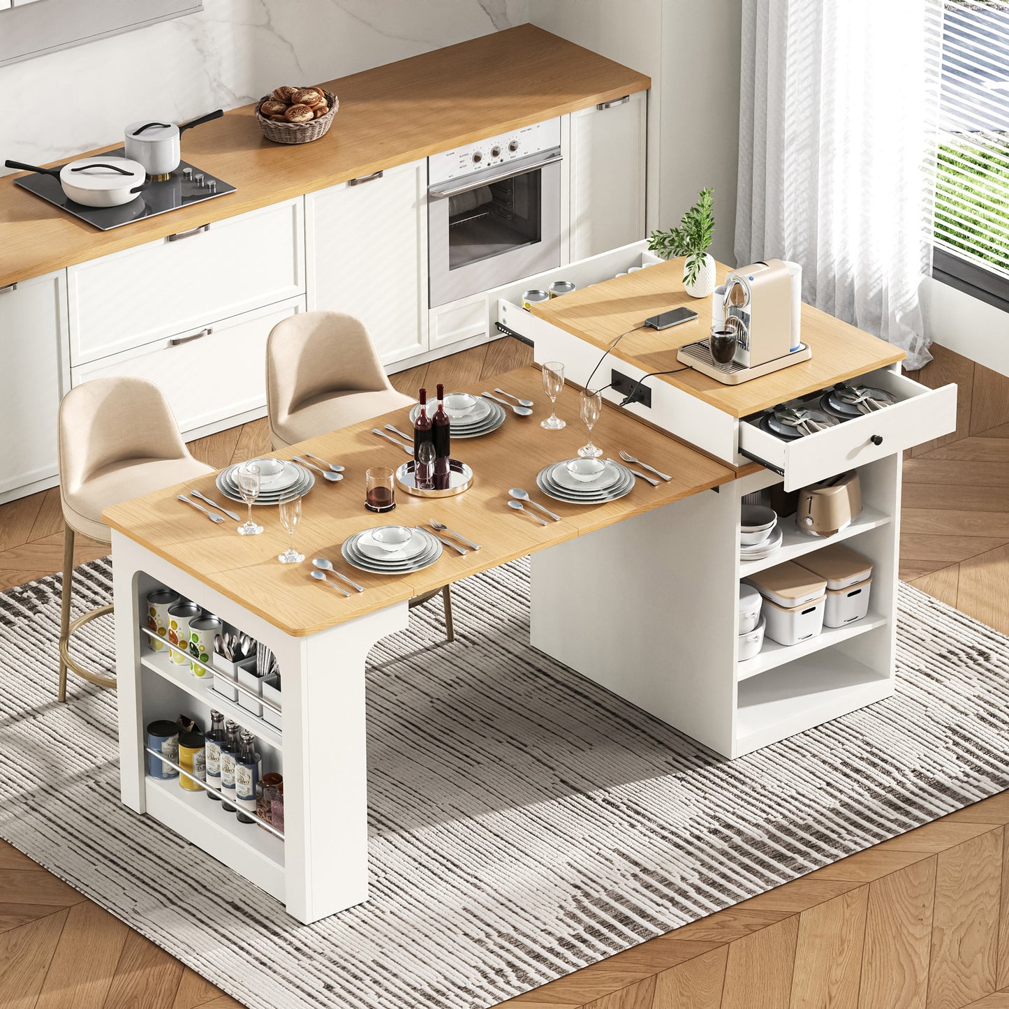 K&K 59.5 Kitchen Island With Extendable Dining Table, Storage Table