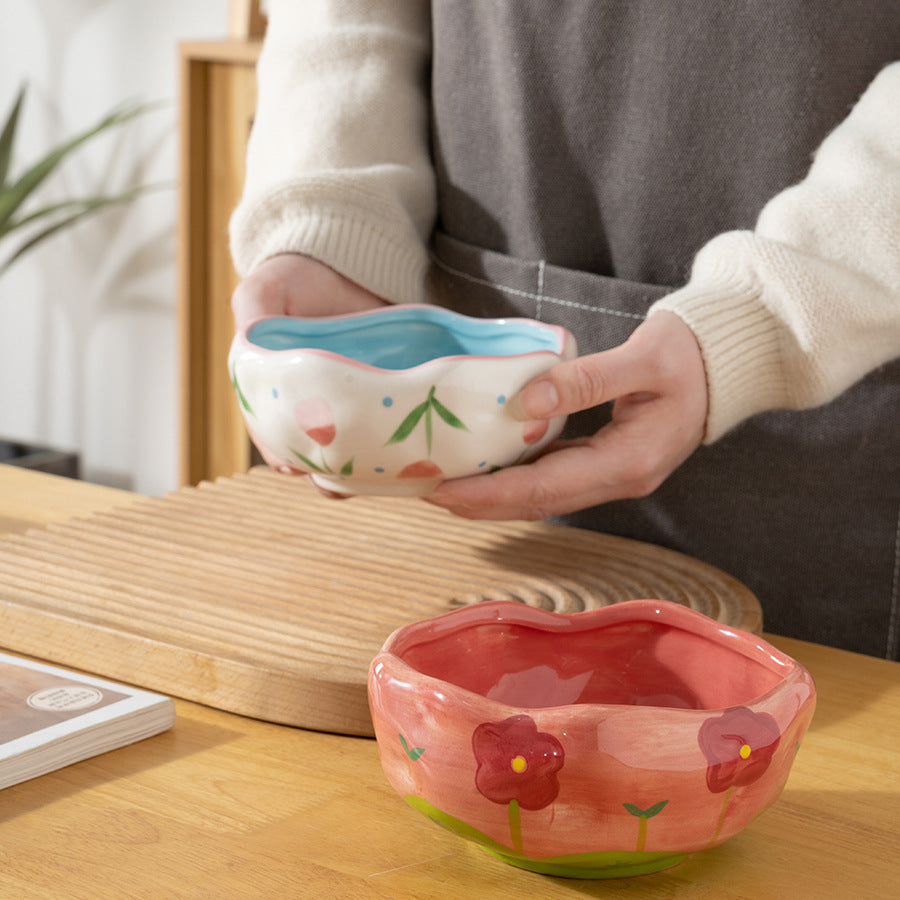 Hand Drawn Flower Ceramic Bowl - Irregular Pattern, 13cm Dinnerware