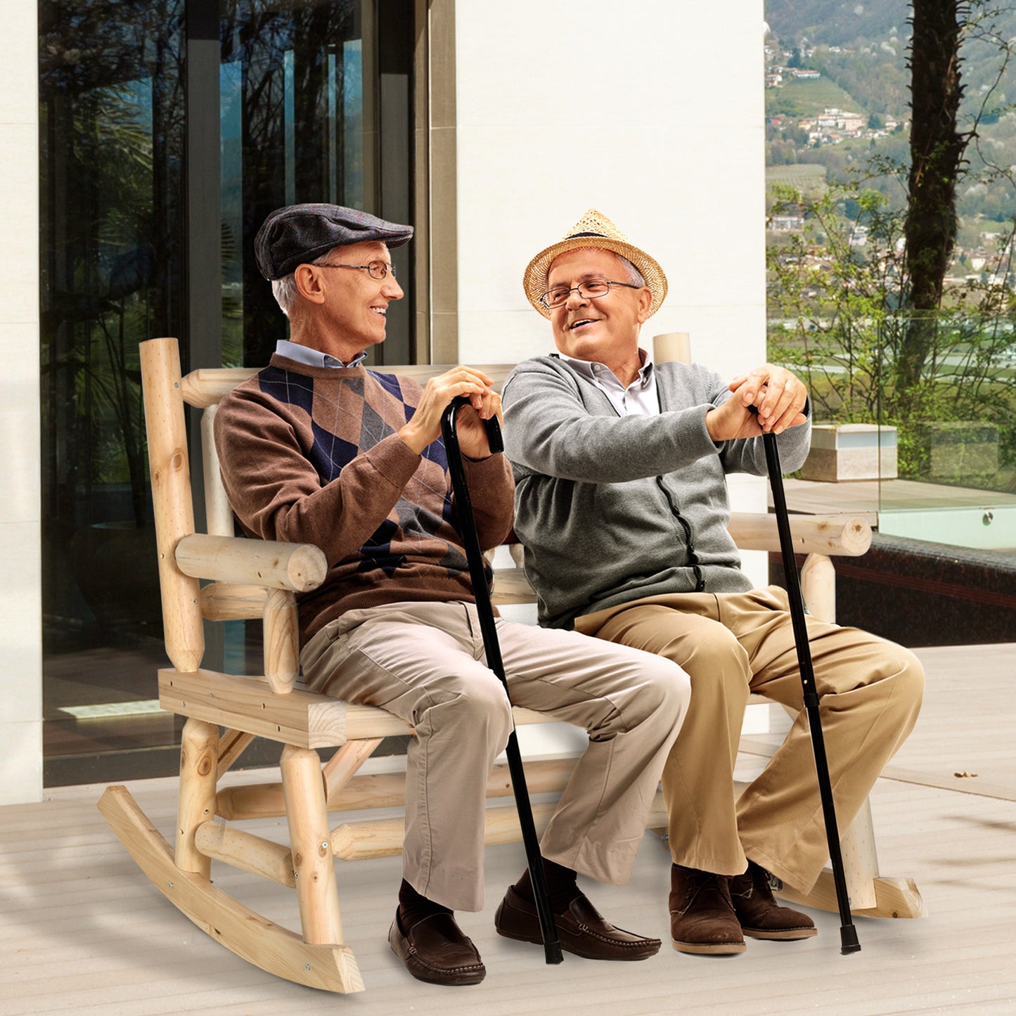 Heavy Duty 2-Person Rocking Chair - Natural Fir Wood Loveseat