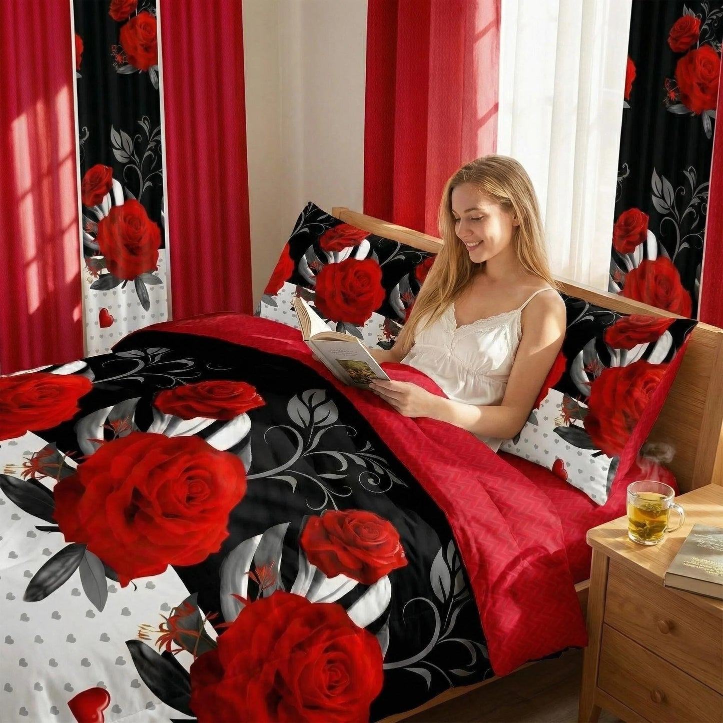 9-Piece Heavyweight Bedding Set with Rose Print & Curtains