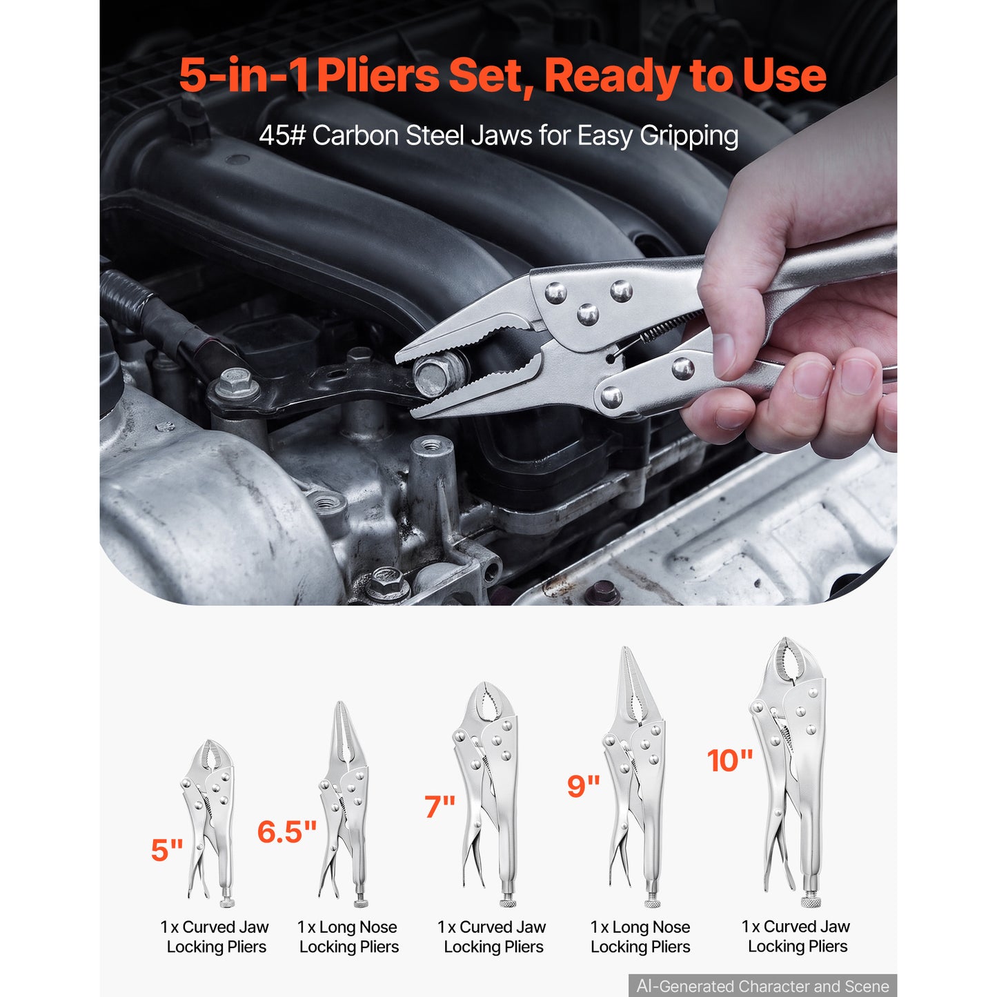 Locking Pliers Set 5-Piece Hand Tool Kit Nickel-Plated Carbon Steel Ergonomic Handles