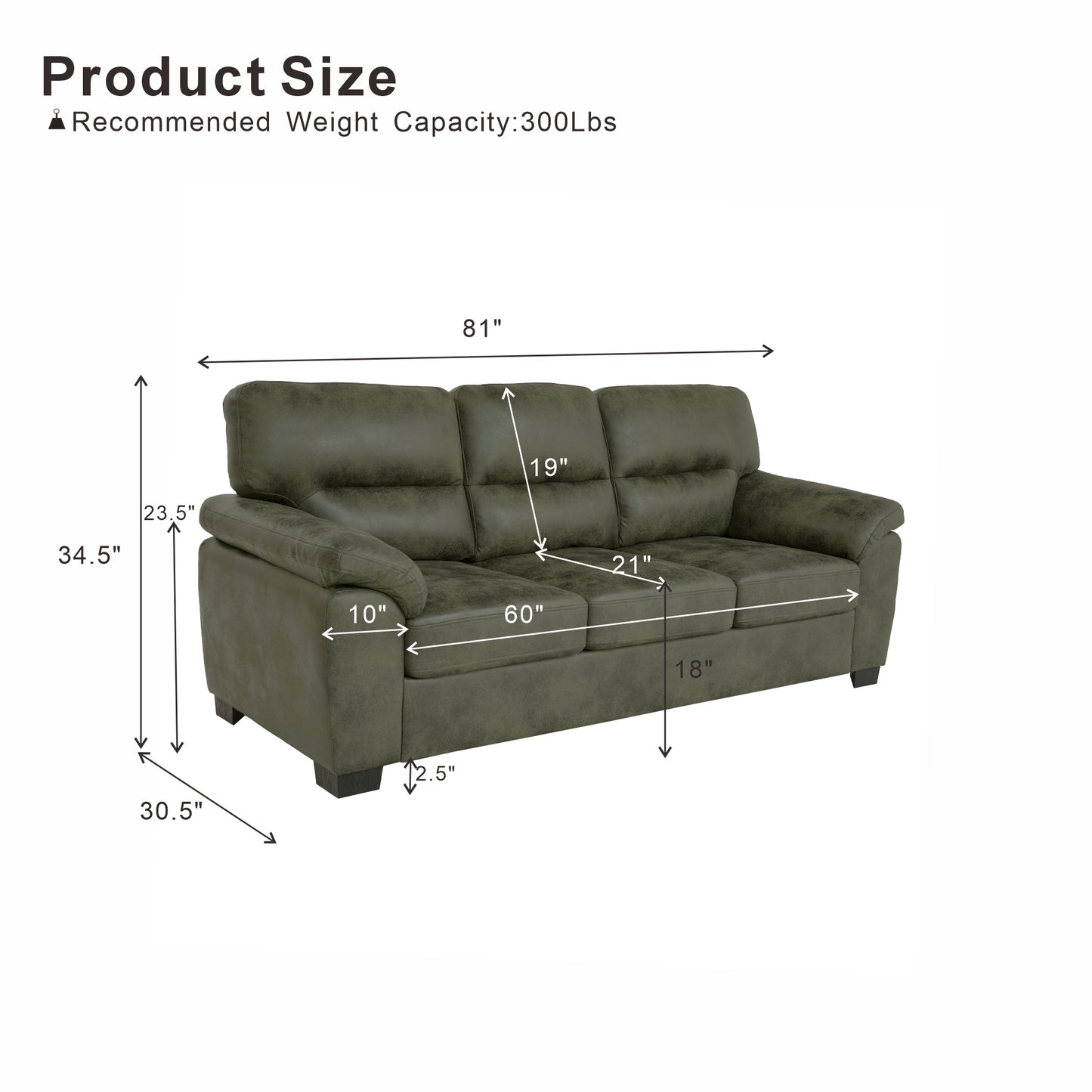 81" Olive Green Mid-Century Modern 3-Seater Sofa with Padded Armrests