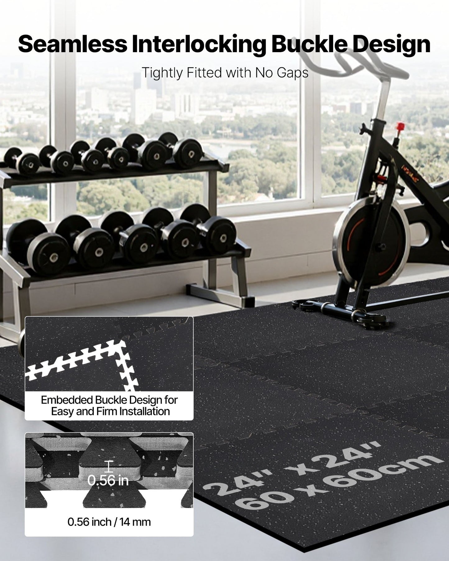 Puzzle Exercise Mat Set - Interlocking Foam Gym Floor Tiles for Home & Office, 24 pcs, Gray Dots, Black