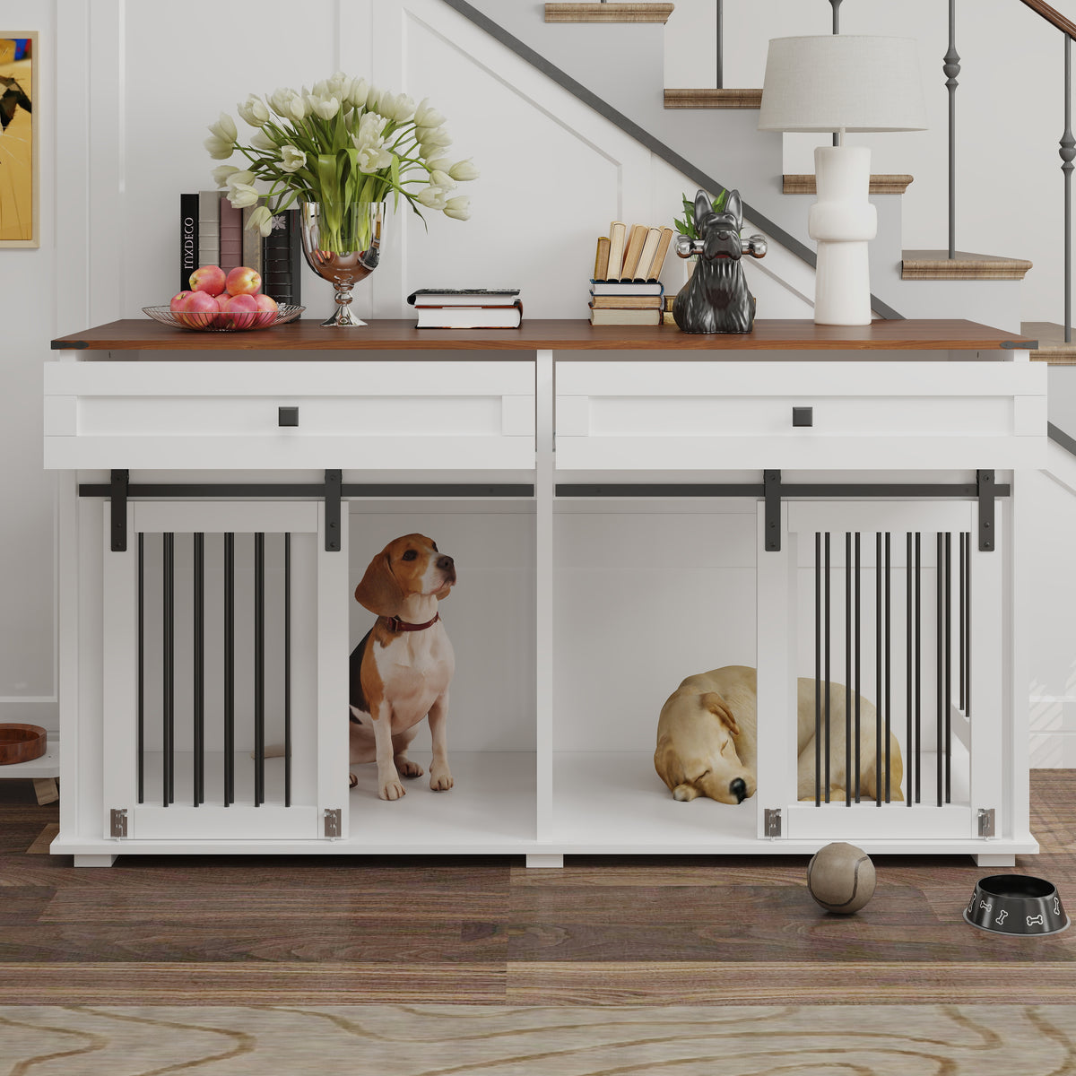 Large Wooden Dog Crate Furniture for Double Dogs with Storage, Divider & Sliding Doors