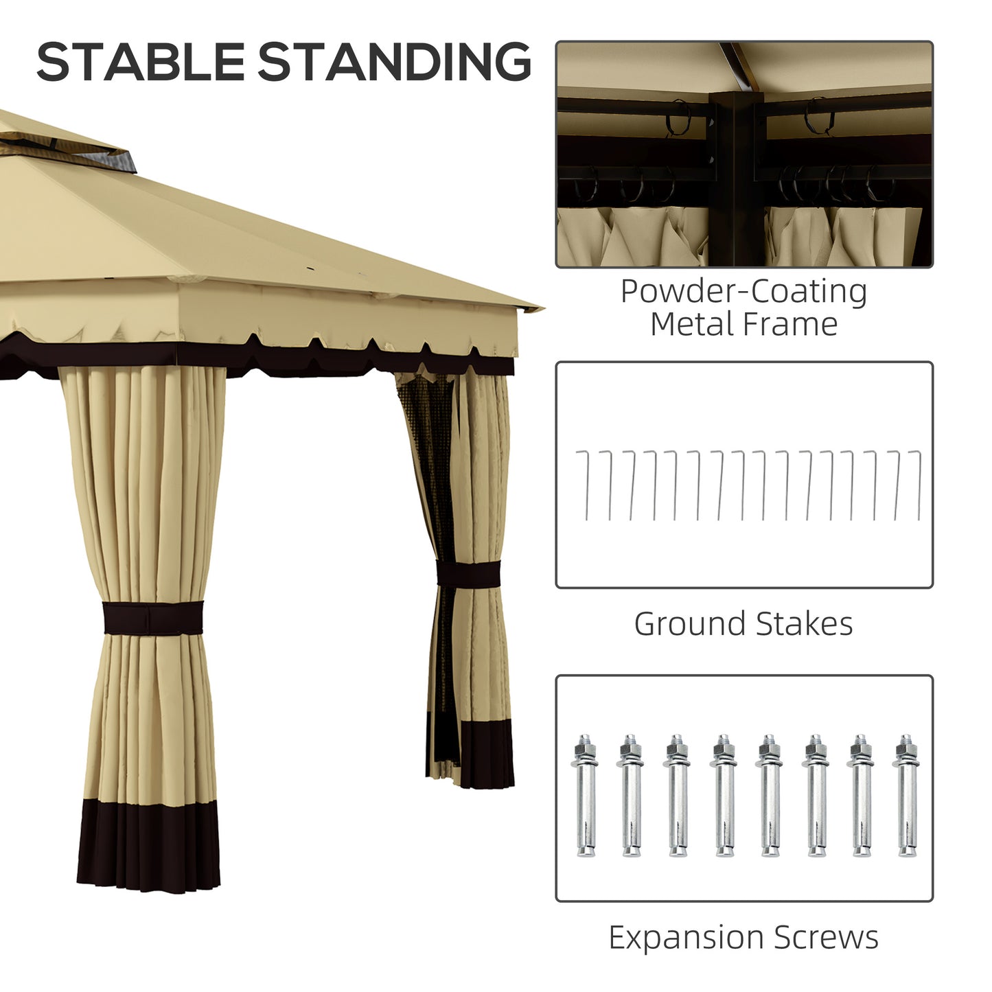 10x12 Double Roof Patio Gazebo Canopy with Netting & Curtains - Beige