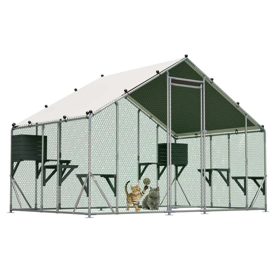 Outdoor Metal Cat Cage 3x2m with Solid Wood Platform Waterproof Tarp Safety Lock