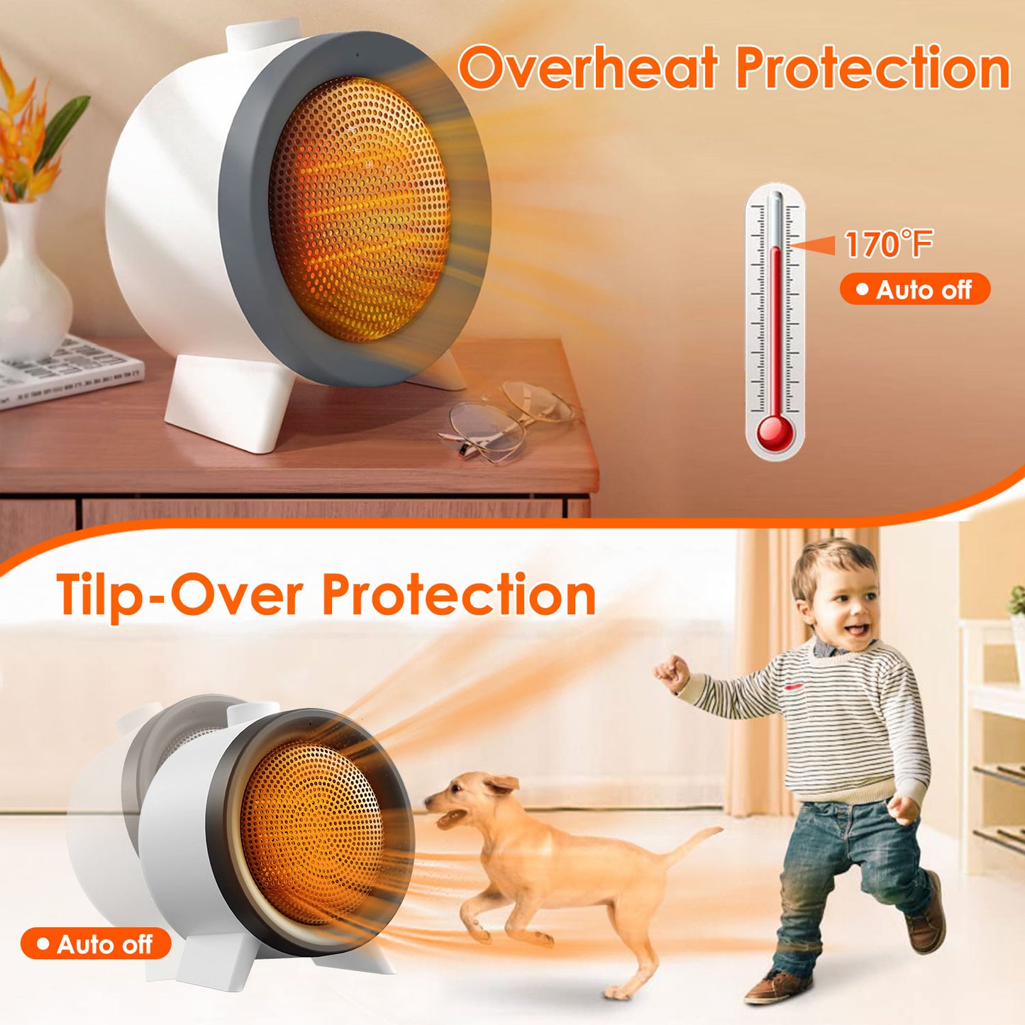 Portable Ceramic Space Heater with 3 Modes, Fast Heating, Tip-Over & Overheat Safety