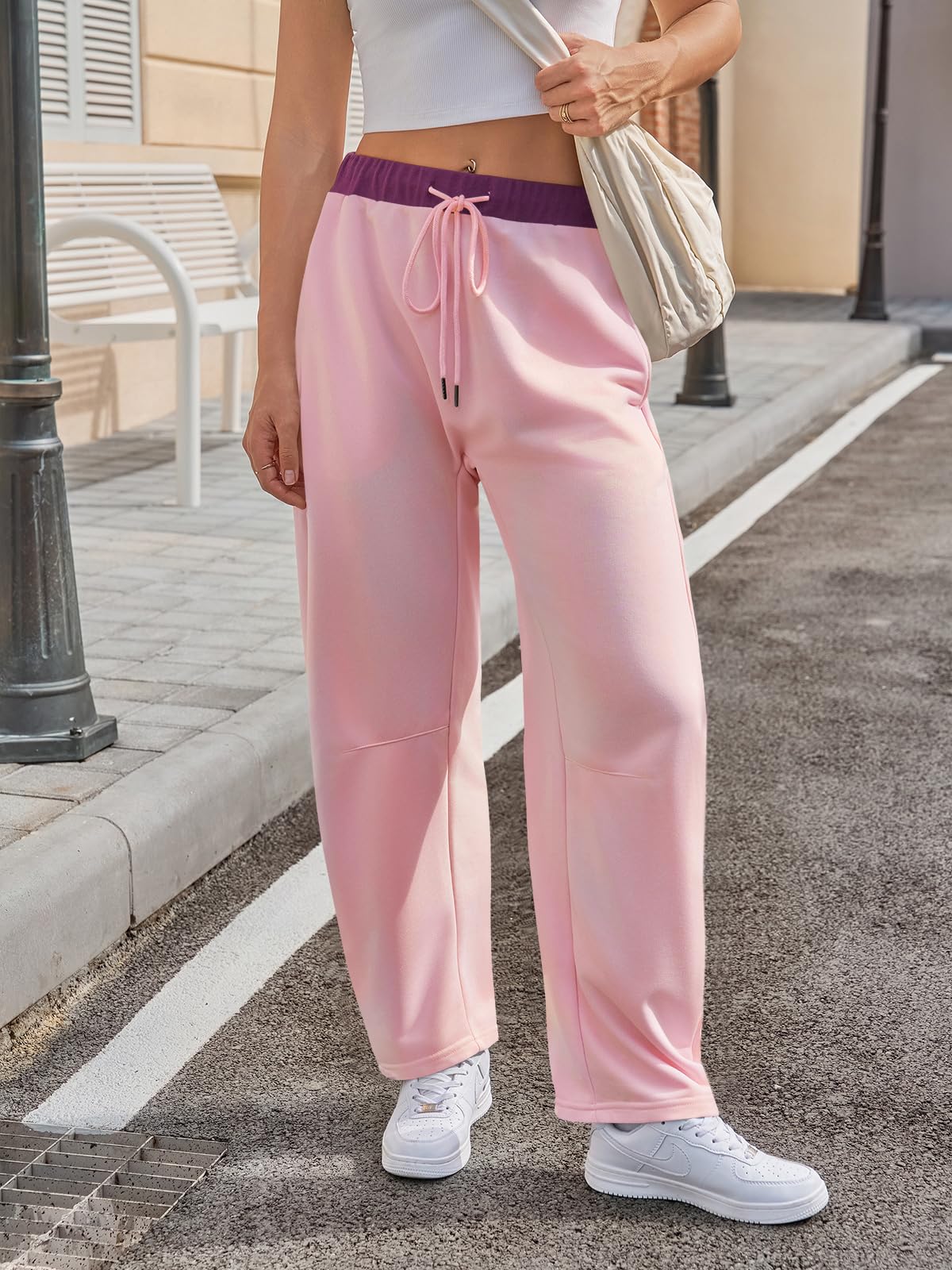 Wide Leg Sweatpants with Drawstring Waist and Pockets - Color Block