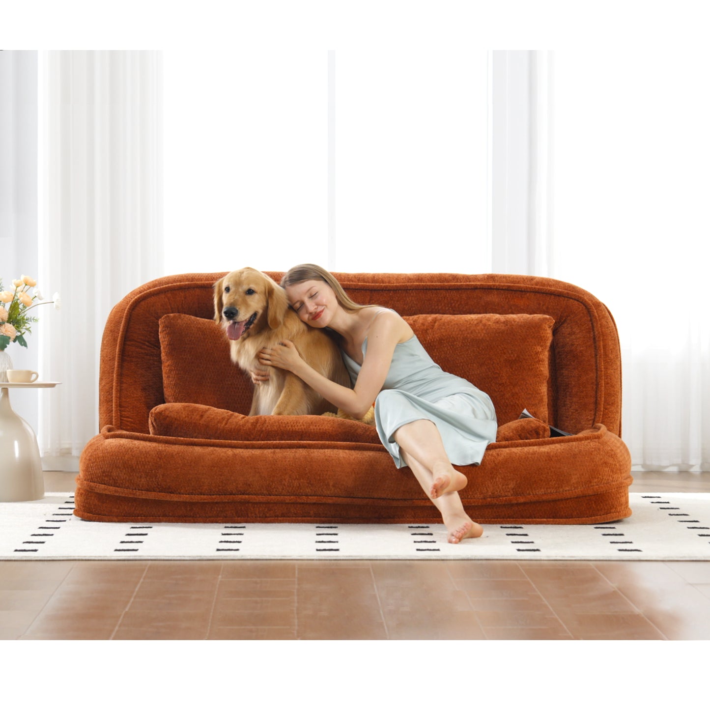 Extra Large Chenille Lazy Sofa Loveseat for Humans & Pets - Orange