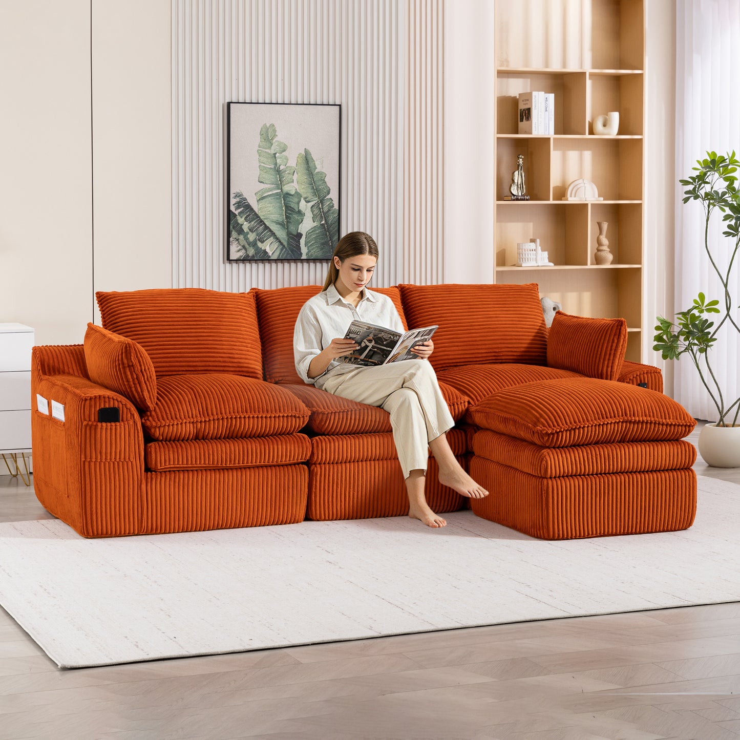 L-Shaped Modular Sectional Sofa - Modern Corduroy with Footstool - Orange