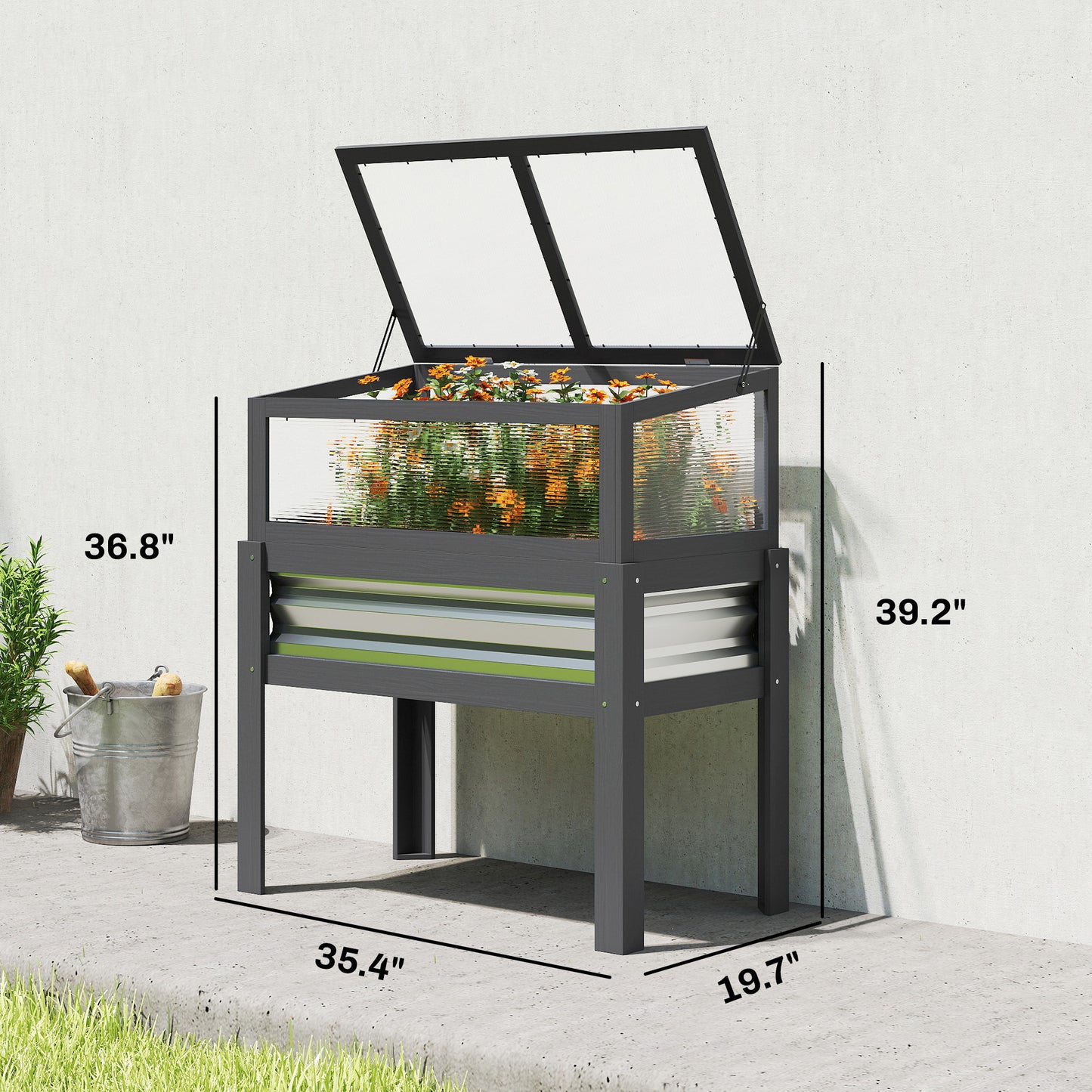 Raised Garden Bed with Flip-Up Greenhouse - Elevated Planter Box, Gray, 980x540x145mm