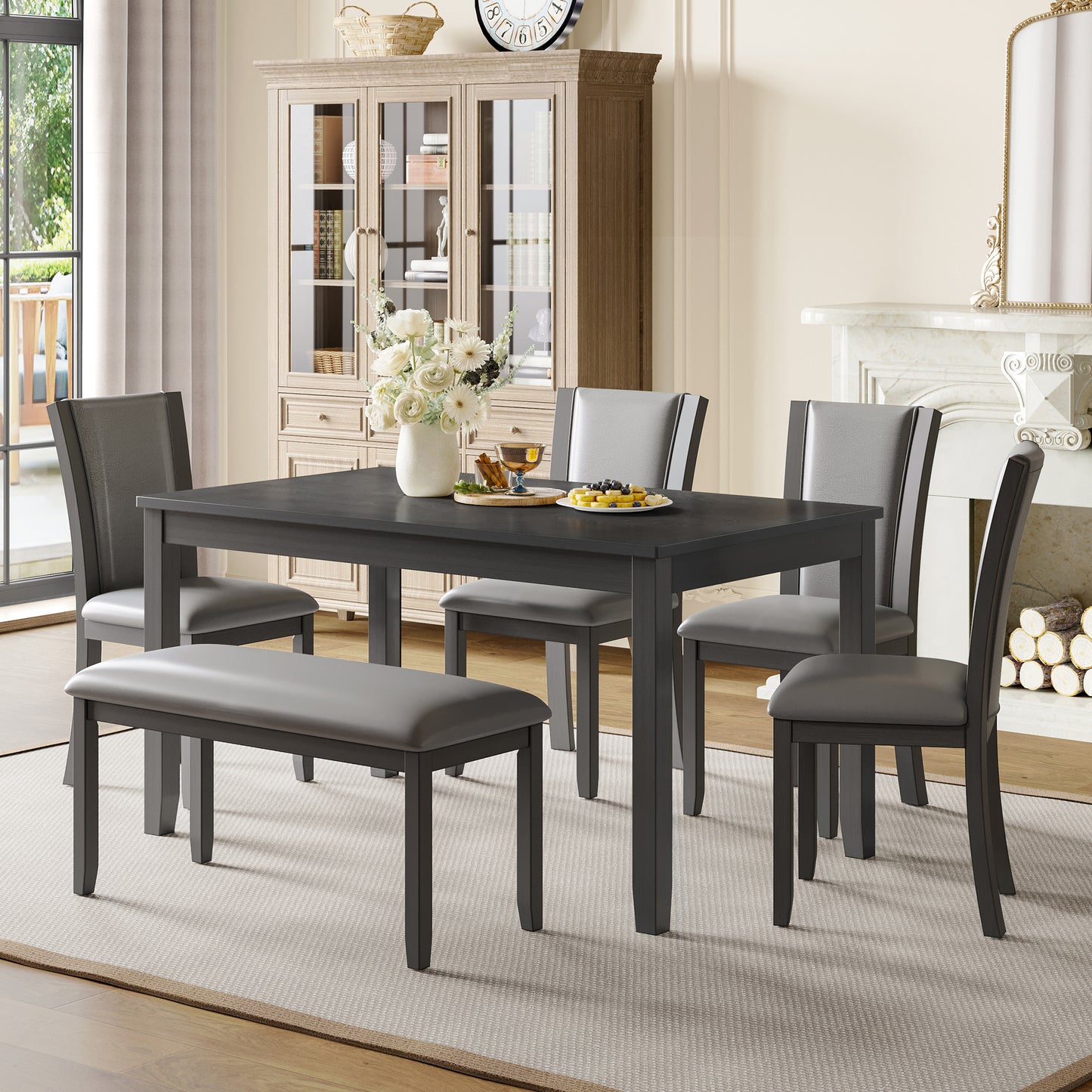 6-Piece Wooden Dining Table Set with Bench and Chairs - Gray