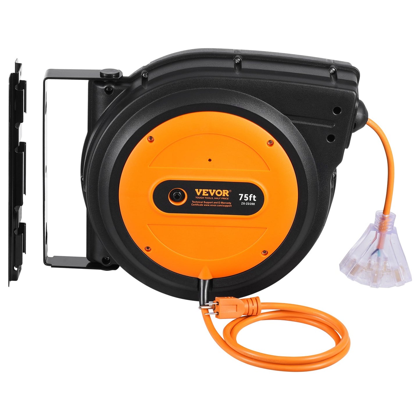75FT Retractable Extension Cord Reel with 3-Outlets, Water-Resistant Power Cord