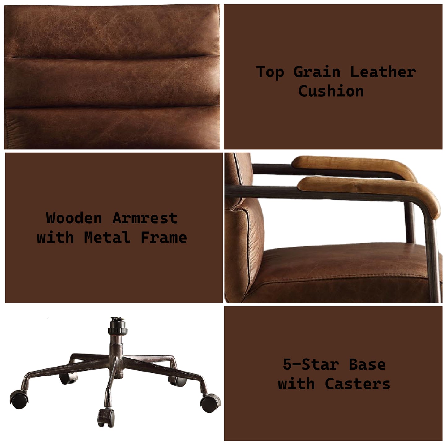 Brown Top Grain Leather Office Chair with Adjustable Height
