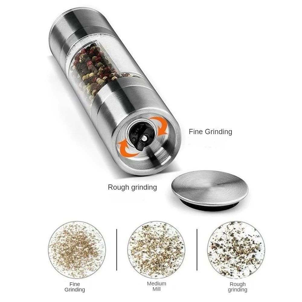 Salt and Pepper Grinder Set 2-in-1 Stainless Steel Manual Spice Mills Adjustable Ceramic Grinding Kitchen Tool Silver