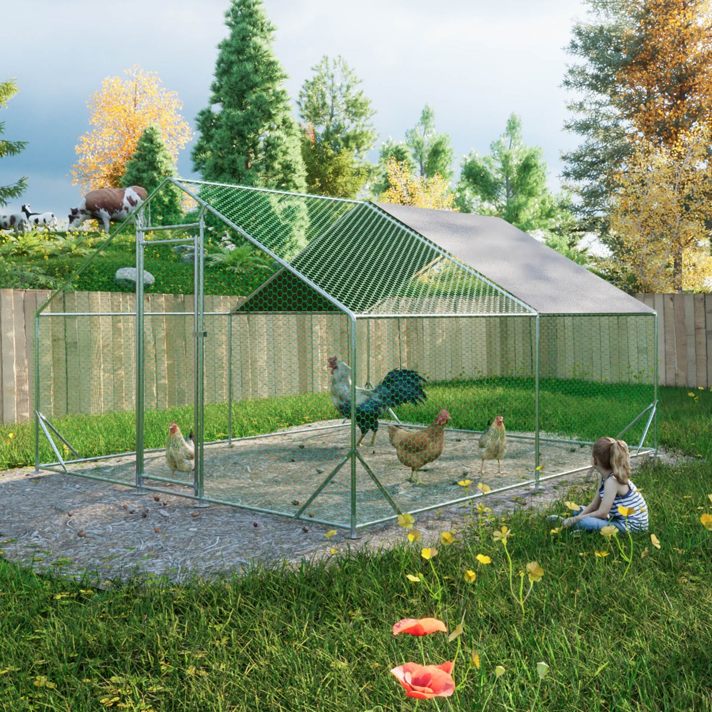 Large Metal Chicken Coop Walk-In Poultry Cage with Waterproof Cover - Multiple Sizes