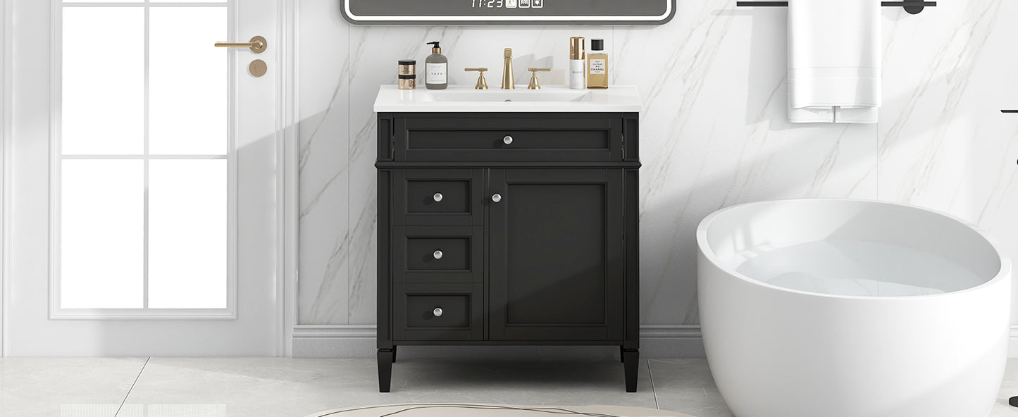 30'' Modern Bathroom Vanity with Ceramic Sink and Storage - Black