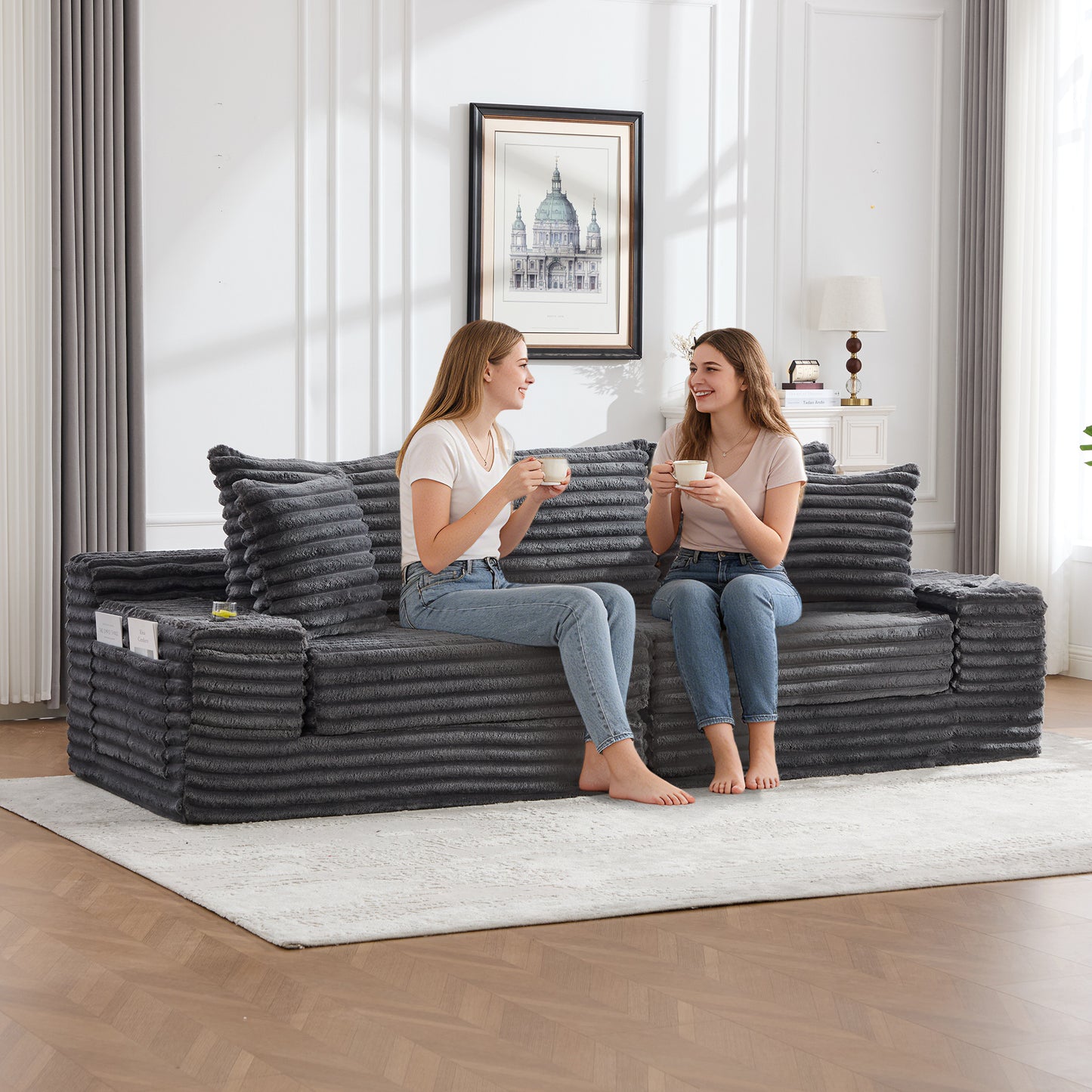 Oversized Corduroy Sofa Bed with Cup Holder & Pillows - Dark Gray