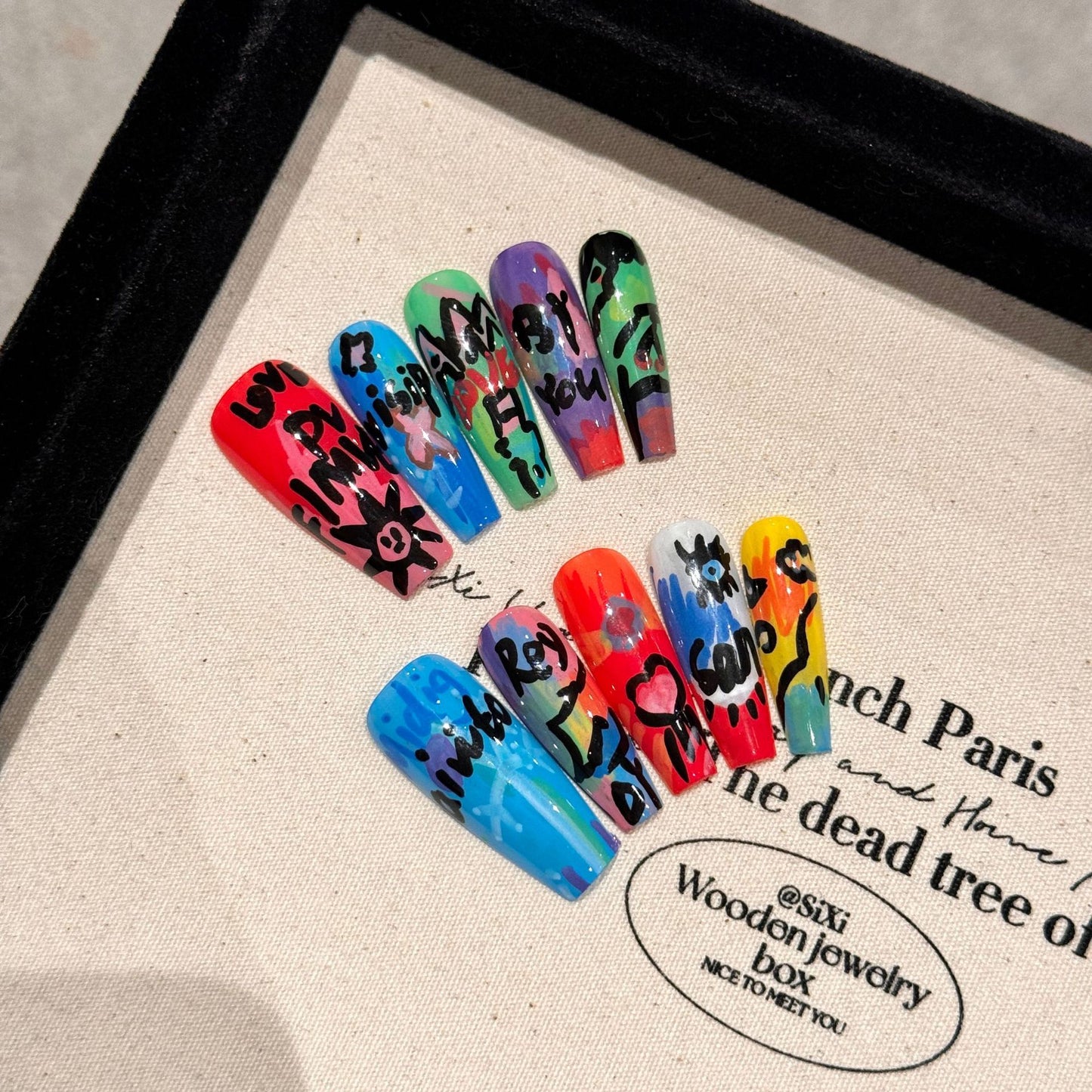 Graffiti French Style Press-On Nails - Long Wearable Nail Art Kit