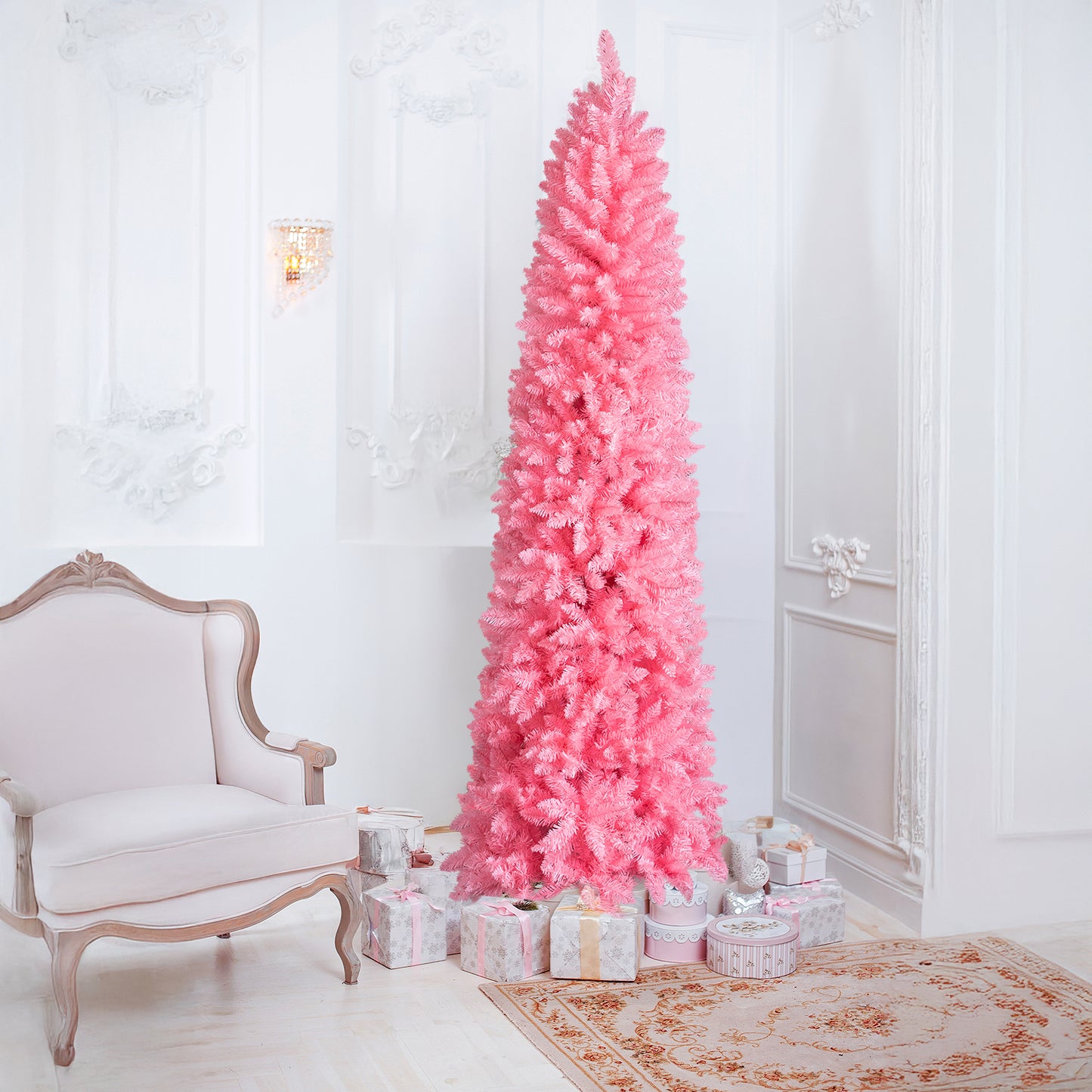 7.5 FT Slim Pencil Christmas Tree - Unlit Pink Artificial Pine