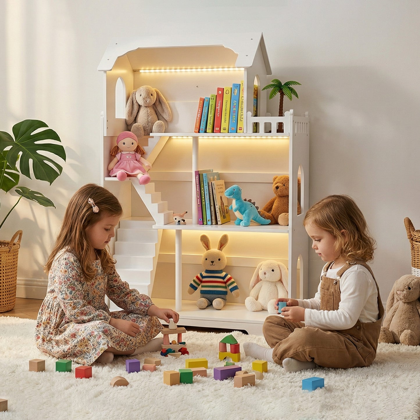 Wooden Dollhouse Bookshelf 3 Tier Kids Bookcase For Children Above