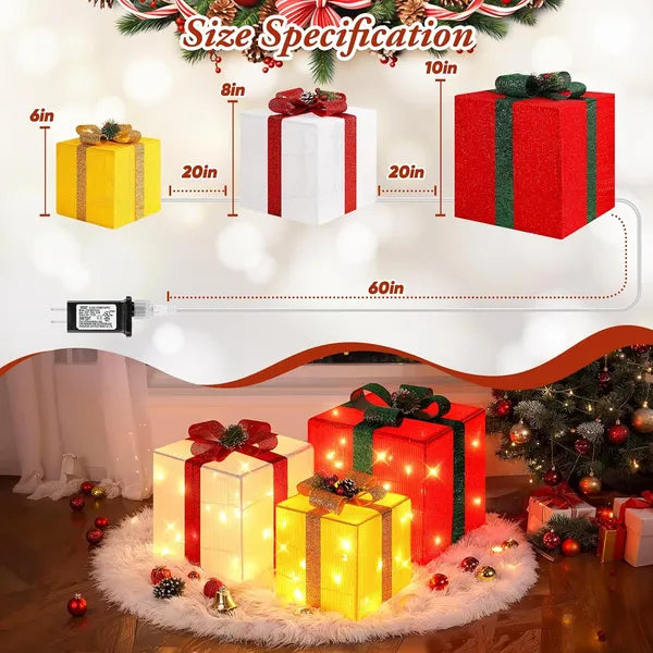 Large Christmas Gift Boxes with LED String Lights - 3 Pieces