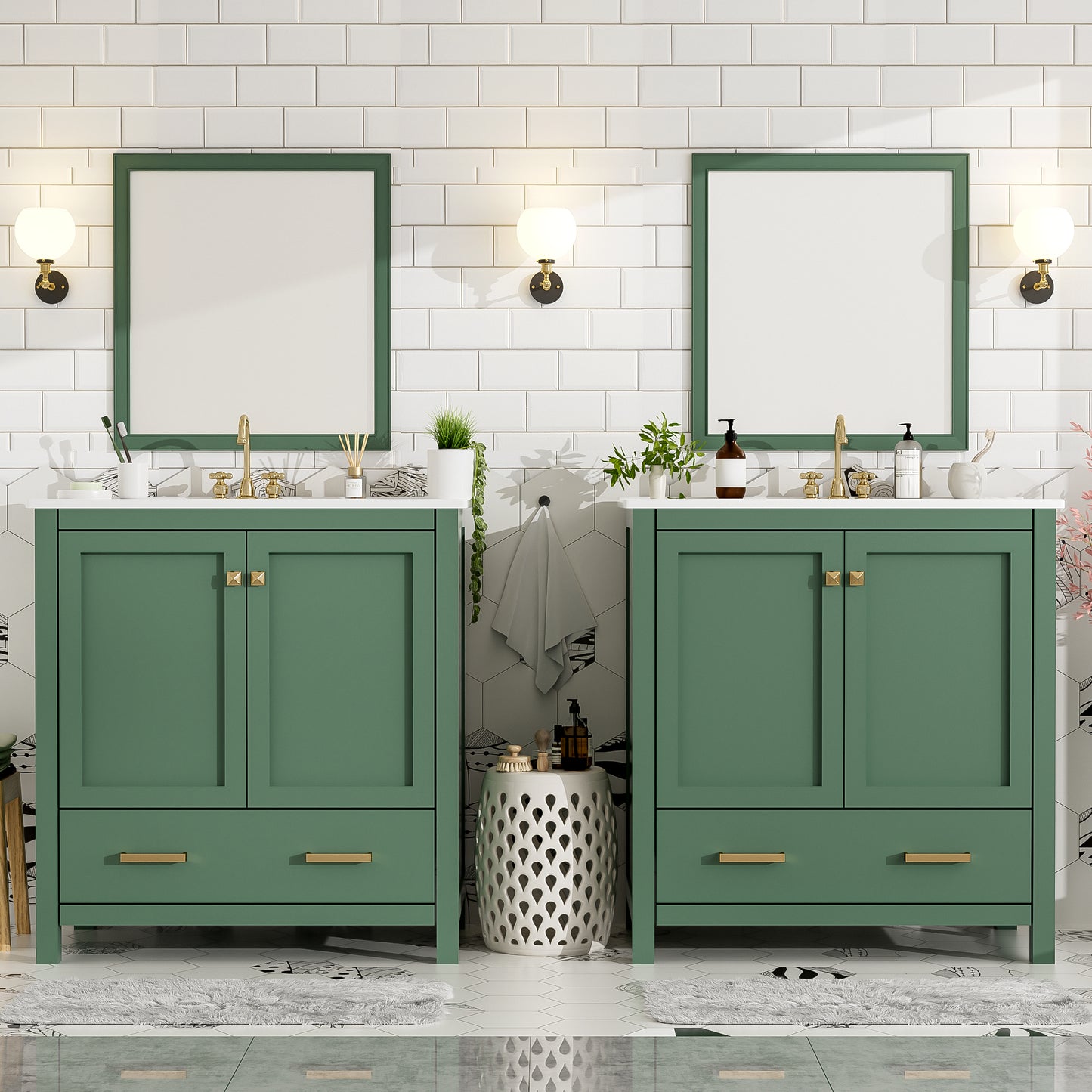60" Green Bathroom Vanity Set with Double Ceramic Sinks