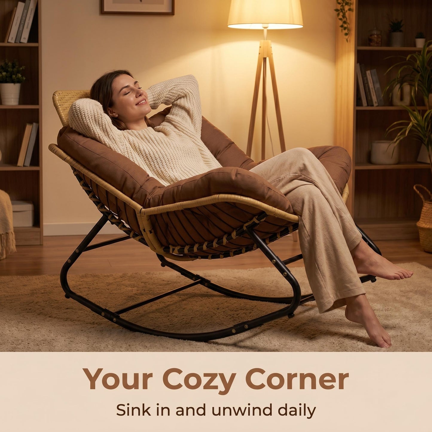 Oversized Papasan Rocking Chair with Thick Cushion - Brown