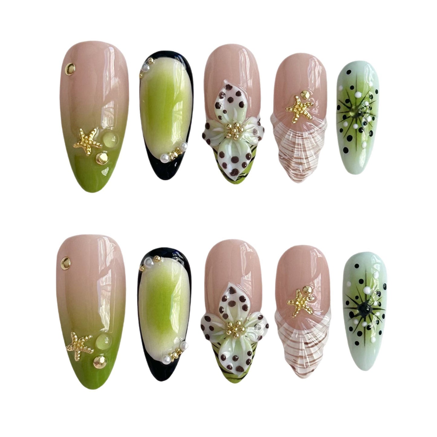 Handmade 3D Carved Green Nail Art Armor Kit - Multiple Sizes & Styles