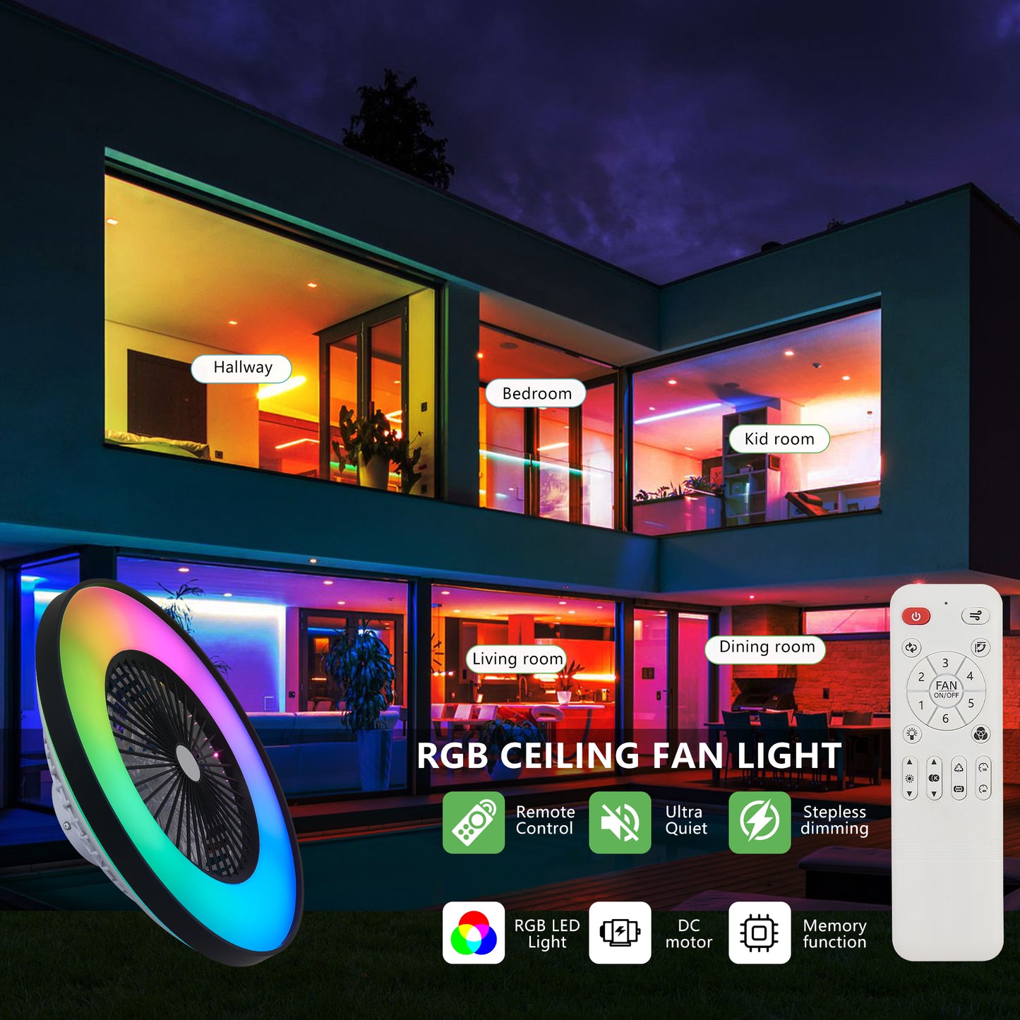 23-Inch Black Ceiling Fan Light with RGB LED & Remote Control