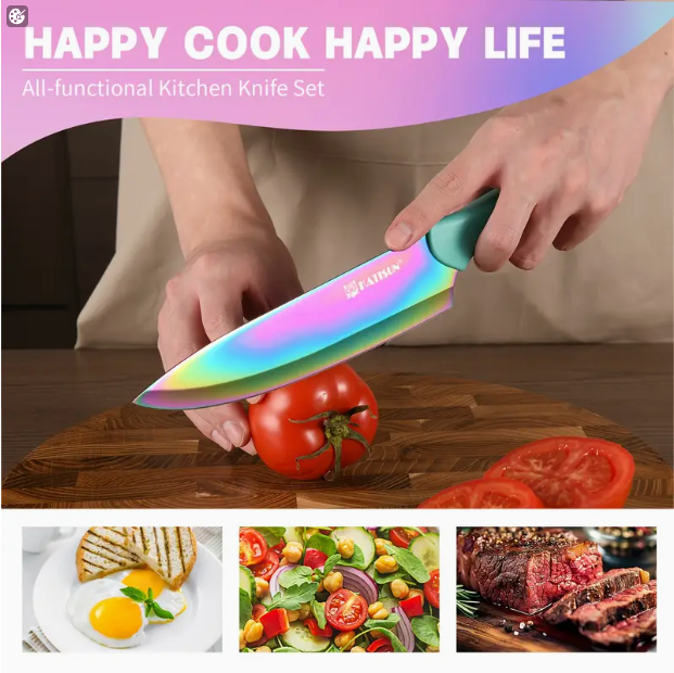14-Piece Rainbow High Carbon Stainless Steel Knife Set with Scissors