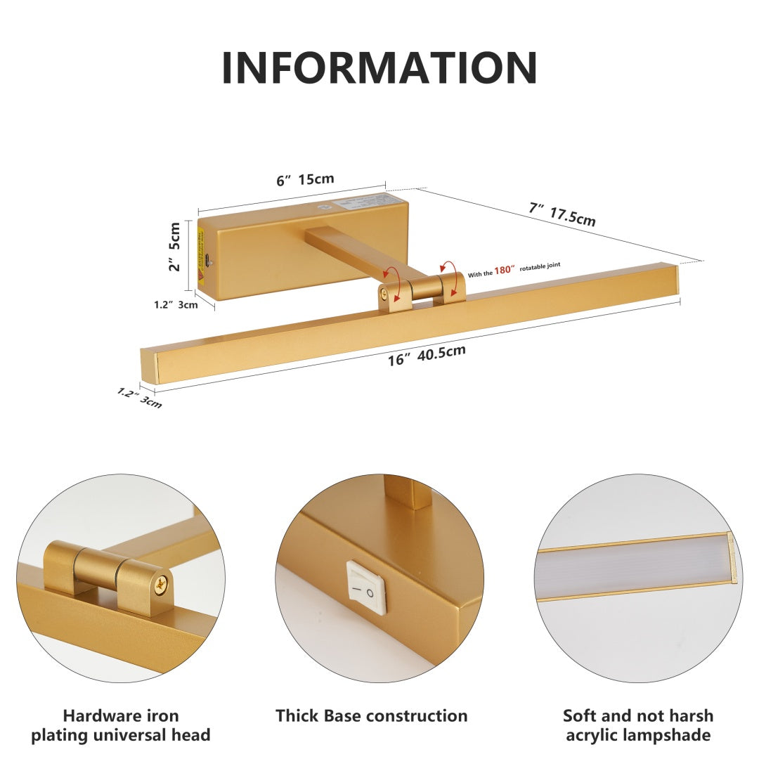 16-Inch Dimmable LED Bathroom Vanity Light with Remote - Modern Gold Wall Fixture
