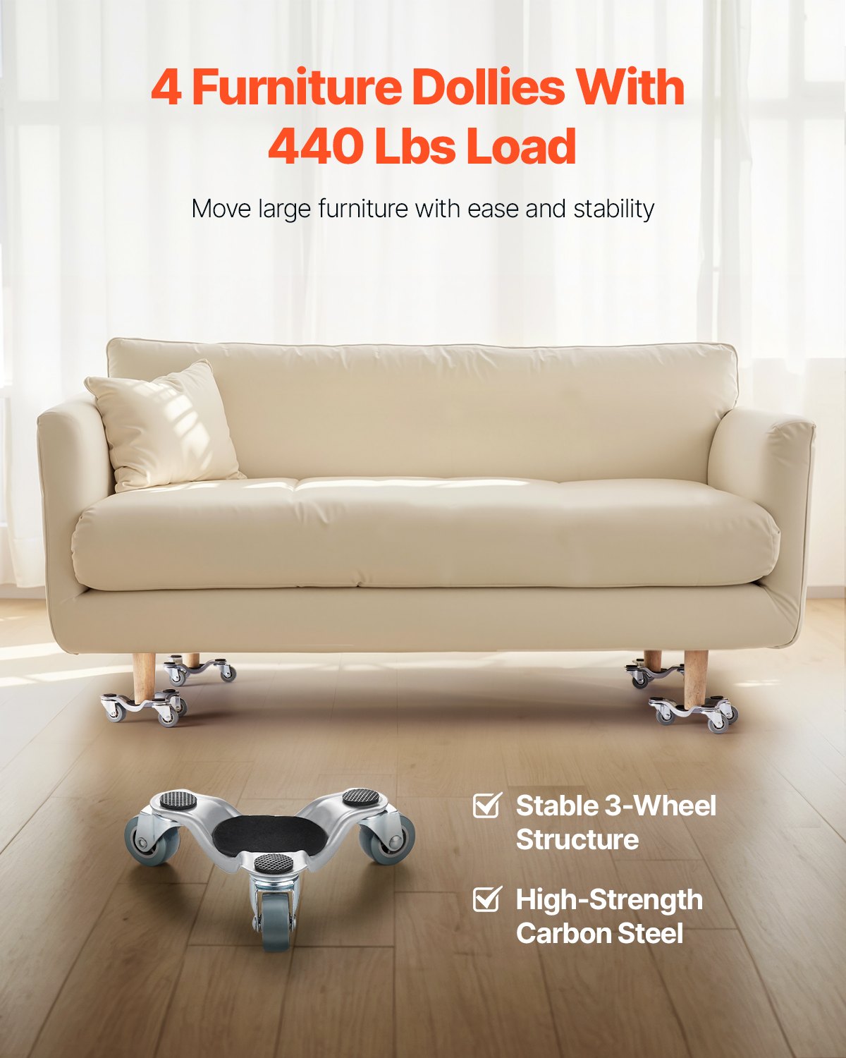 Heavy Duty Furniture Dolly Set - 4 Steel Tri-Dollies, 440 lbs Capacity