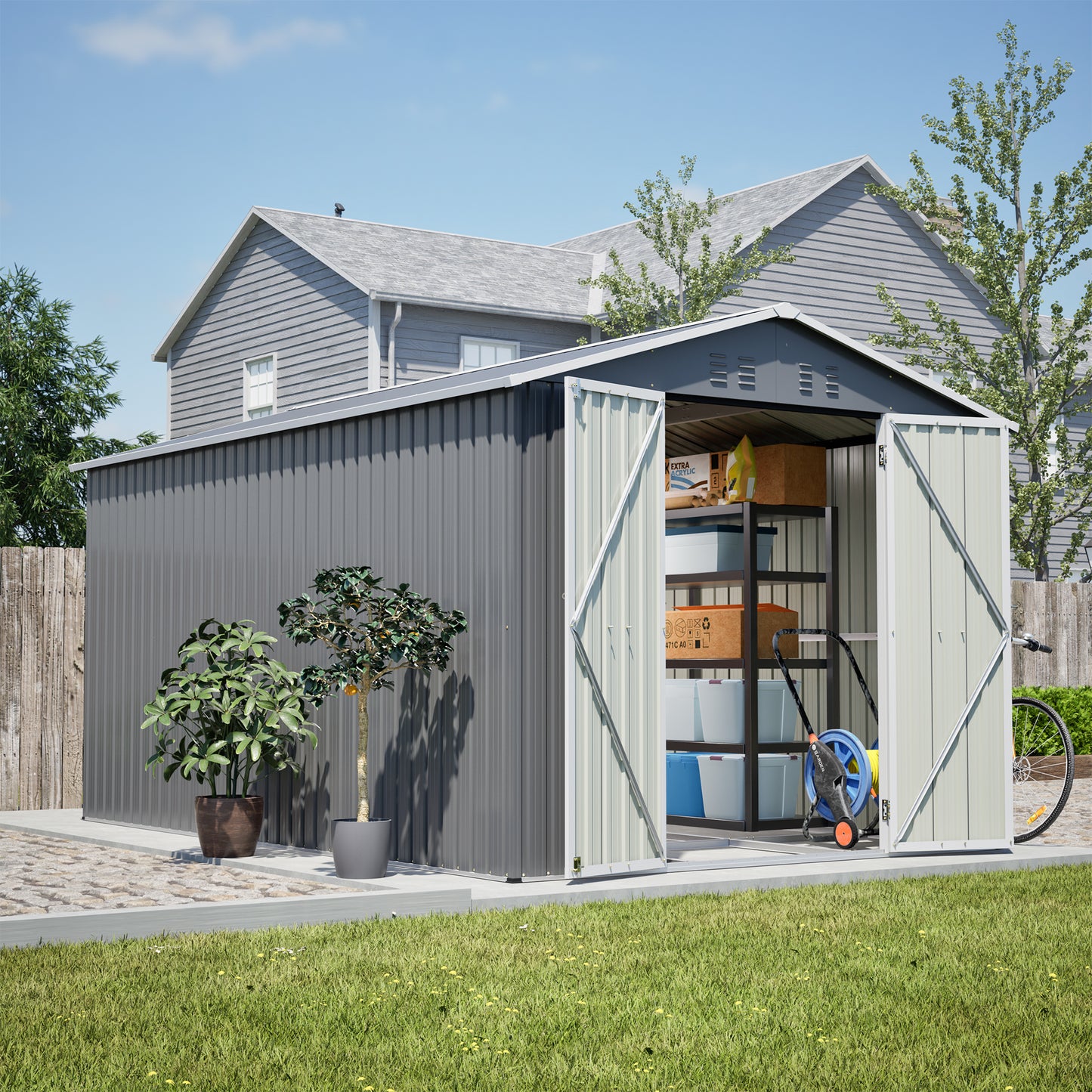 8x12 FT Metal Storage Shed with Side Door - Grey Outdoor Tool Shed