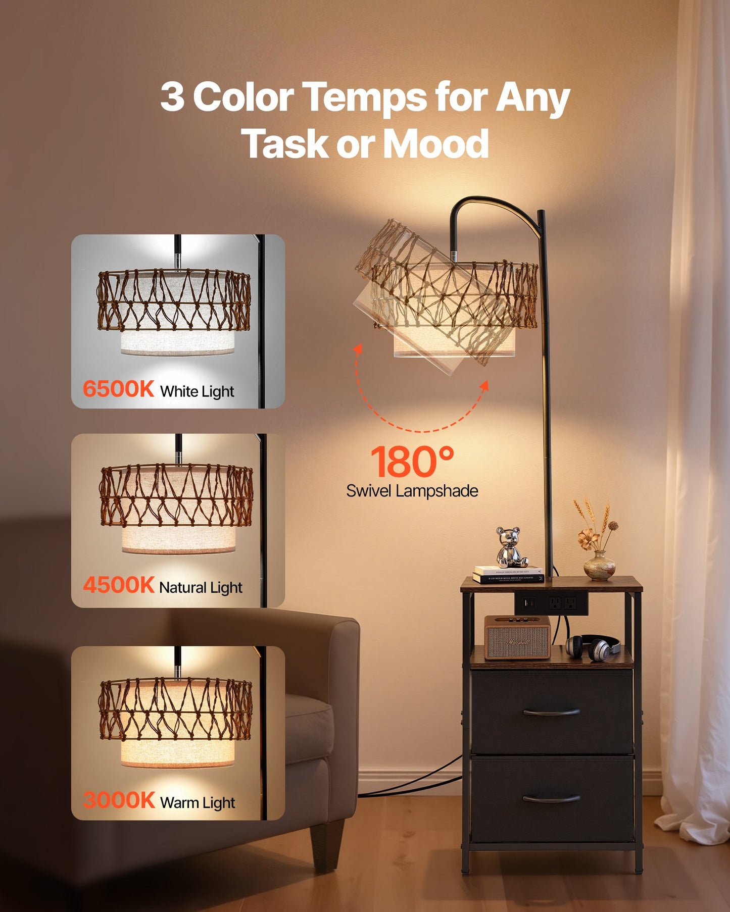 Floor Lamp with 2-Tier End Table - Modern Nightstand with USB & Charging Ports